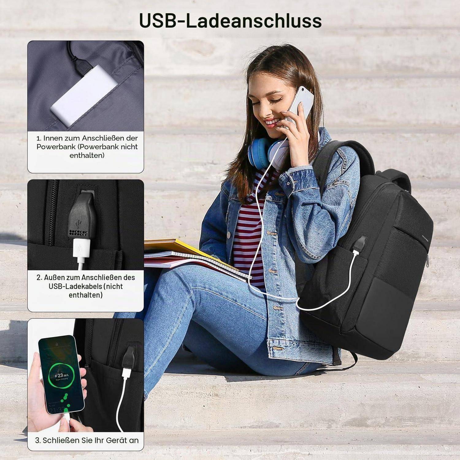 Infografik zum USB-Laden für einen Rucksack: Verbinden Sie eine Powerbank im Inneren, schließen Sie das USB-Kabel außen an, und laden Sie dann Ihr Telefon auf, während Sie den Rucksack tragen.