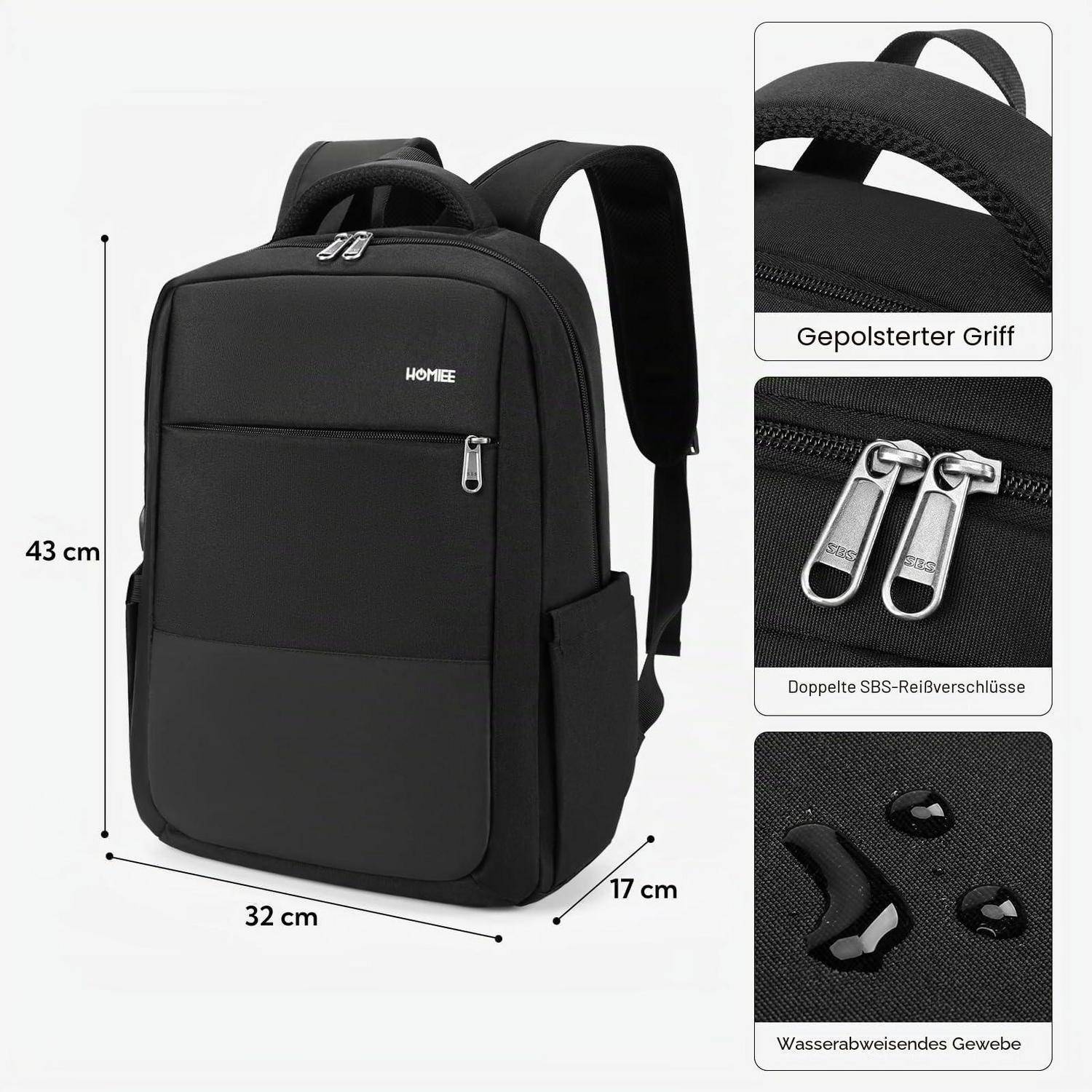Schwarzer Rucksack Produktbild mit Abmessungen 43 cm hoch, 32 cm breit, 17 cm tief, plus Nahaufnahmen des gepolsterten Griffs, doppelter Reißverschlüsse und wasserabweisender Stoff.