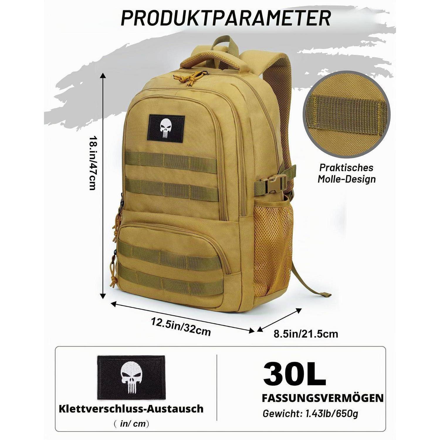 Produktparametergrafik eines beigen Taktik-Rucksacks mit 30-Liter-Kapazität, Abmessungen von 18,1 x 12,5 x 8,5 Zoll, Totenkopf-Patch, MOLLE-Design und Gewicht von 1,43 lb/650 g.