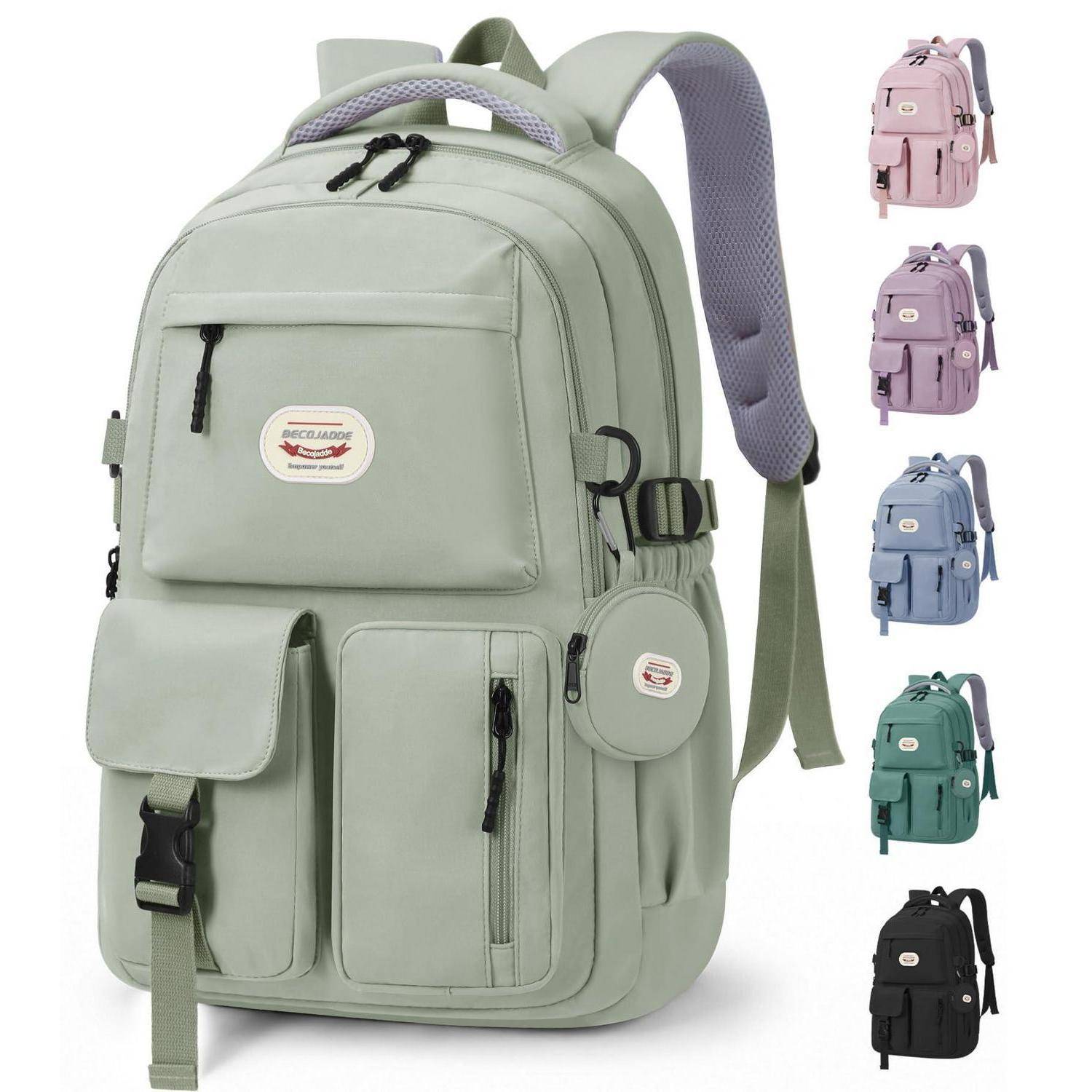 Produktbild eines Mehrtaschen-Rucksacks mit gepolsterten Trägern, gezeigt in Salbeigrün mit kleineren Farbvarianten, die auf der rechten Seite angezeigt werden.