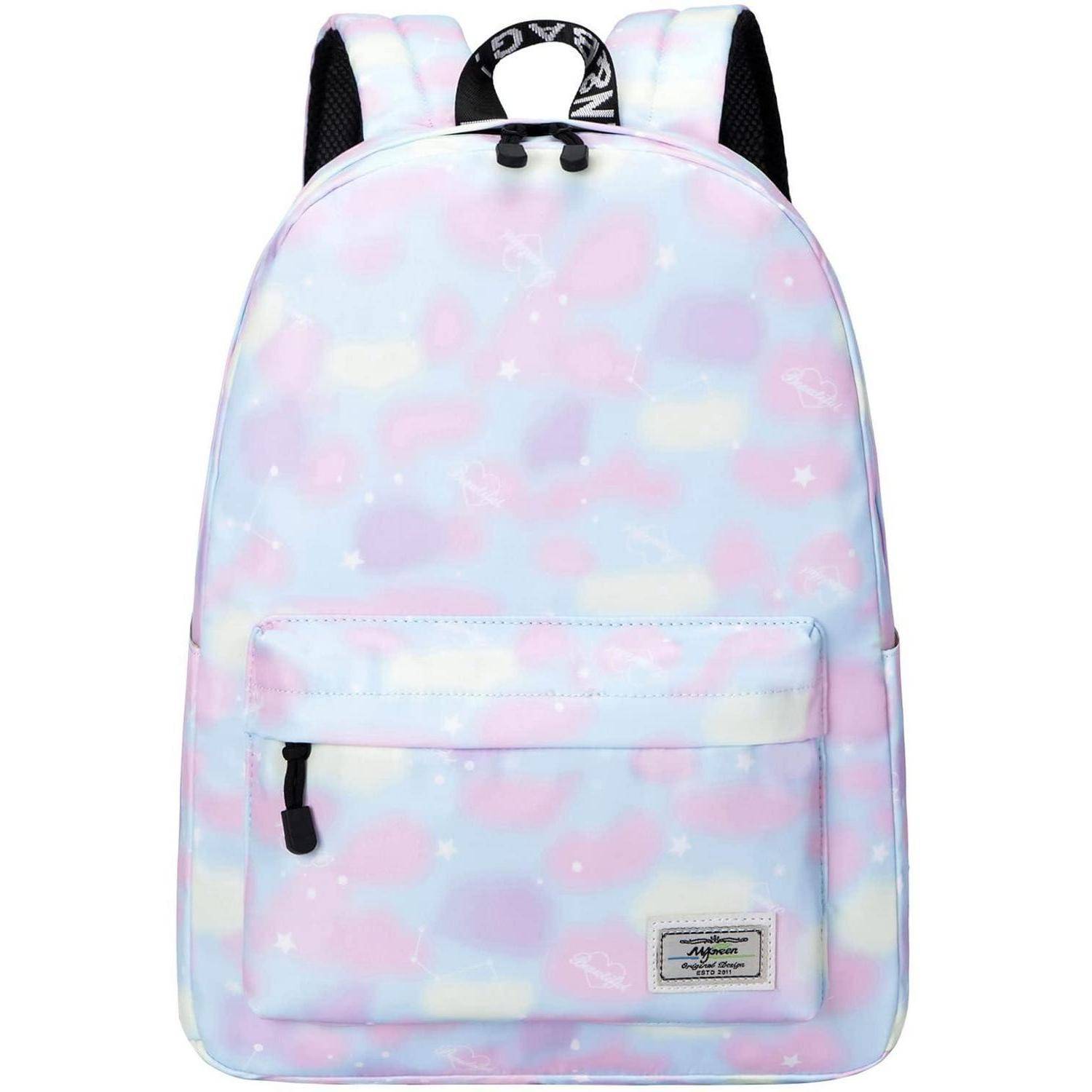 Pastellrosa und blauer Rucksack mit Sternenmuster, Vordertasche mit Reißverschluss, schwarze Riemen und ein kleines Markenetikett.