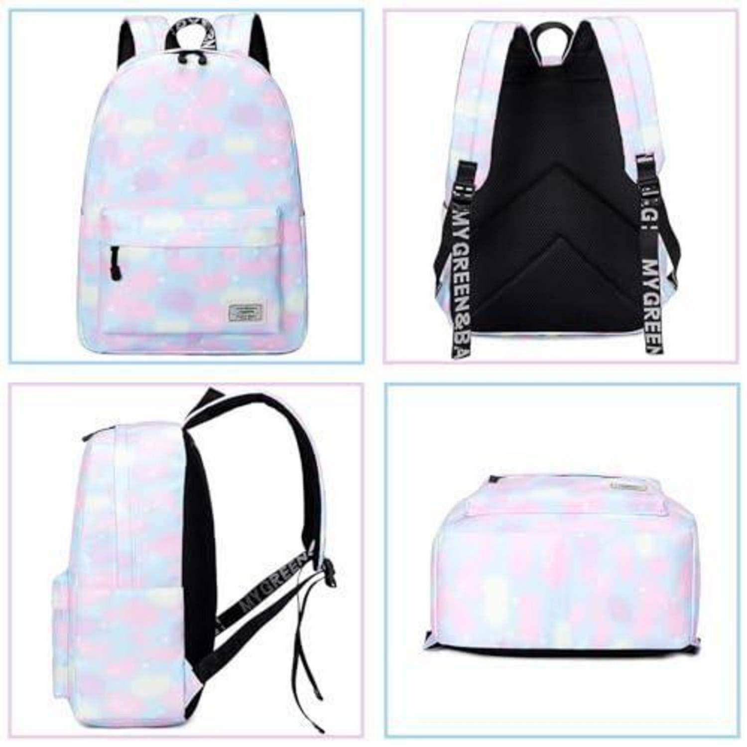 Vier Ansichten eines pastellfarbenen schillernden Rucksacks: Vorderseite, Rückseite, Seitenansicht und Oberseite, zeigen schwarze Riemen und eine Reißverschlusstasche an der Vorderseite.