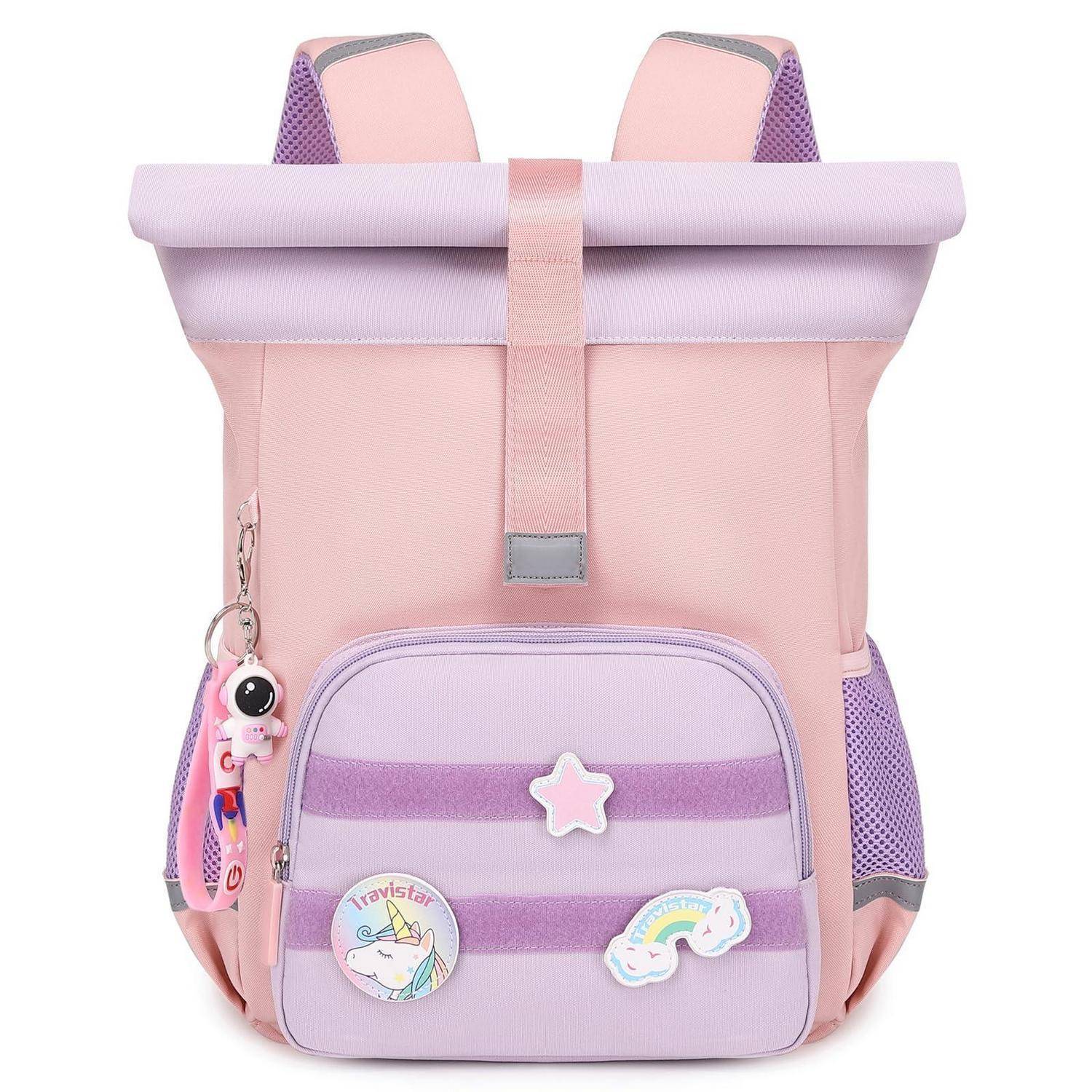 Rosa und lavendelfarbener Kinderrucksack mit Rollverschluss, vorderer Reißverschlusstasche, seitlichen Netztaschen und dekorativen Einhorn- und Stern-Applikationen.
