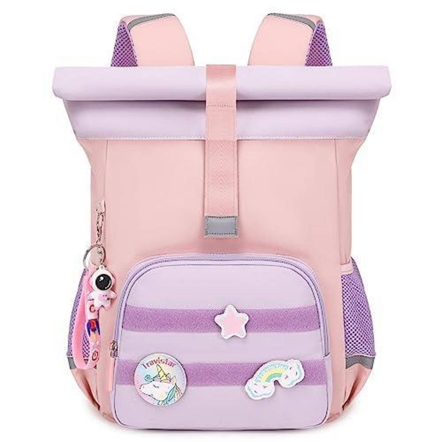 Rosa und lavendelfarbener Kinderrucksack mit Vordertasche, seitlichen Netztaschen und dekorativen Einhorn-, Stern- und Regenbogen-Aufnähern
