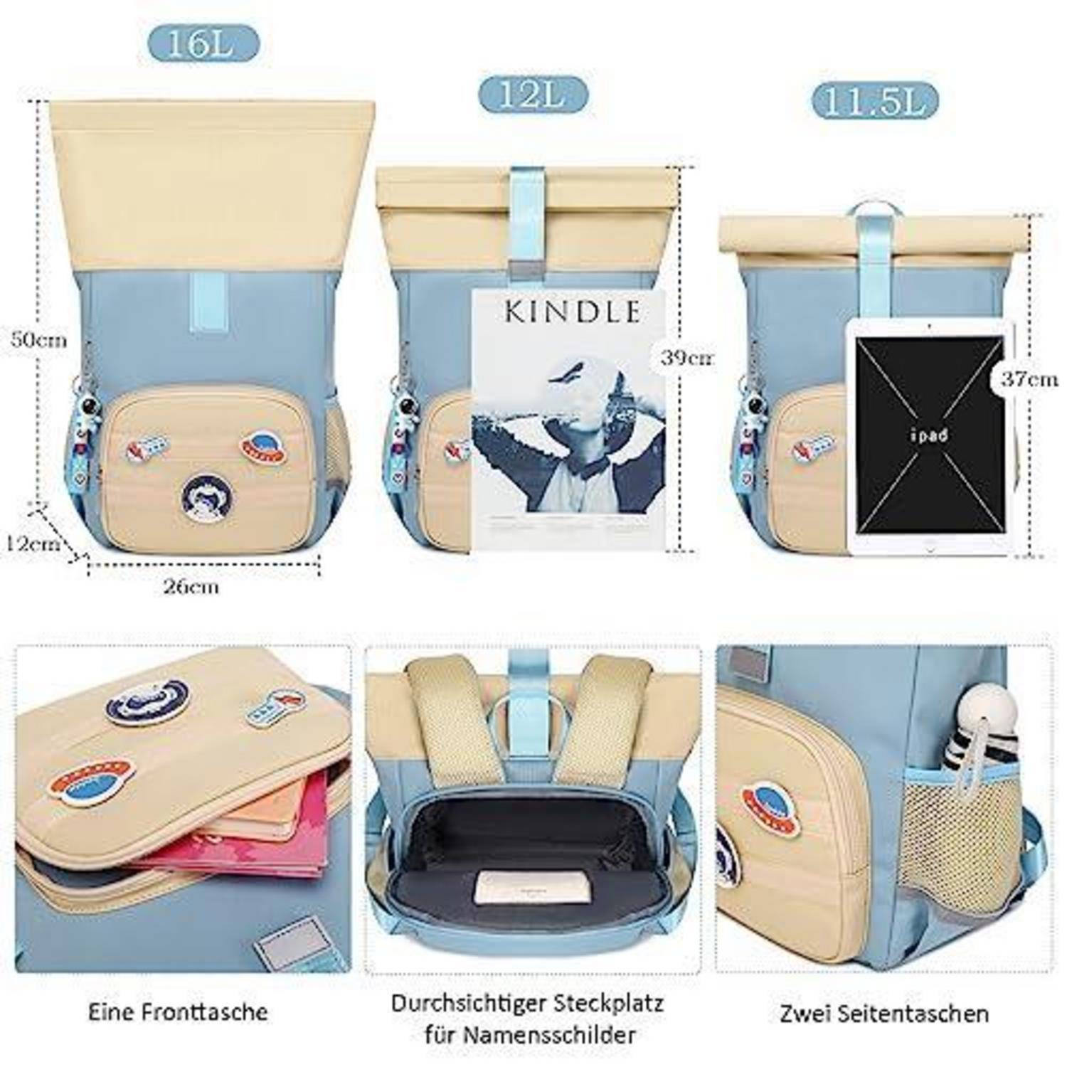 Produktbild von drei Roll-Top-Rucksäcken in den Größen 16L, 12L und 11,5L, die Abmessungen und Lagerfunktionen wie Vordertasche, durchsichtiges Fach und Seitentaschen zeigen.