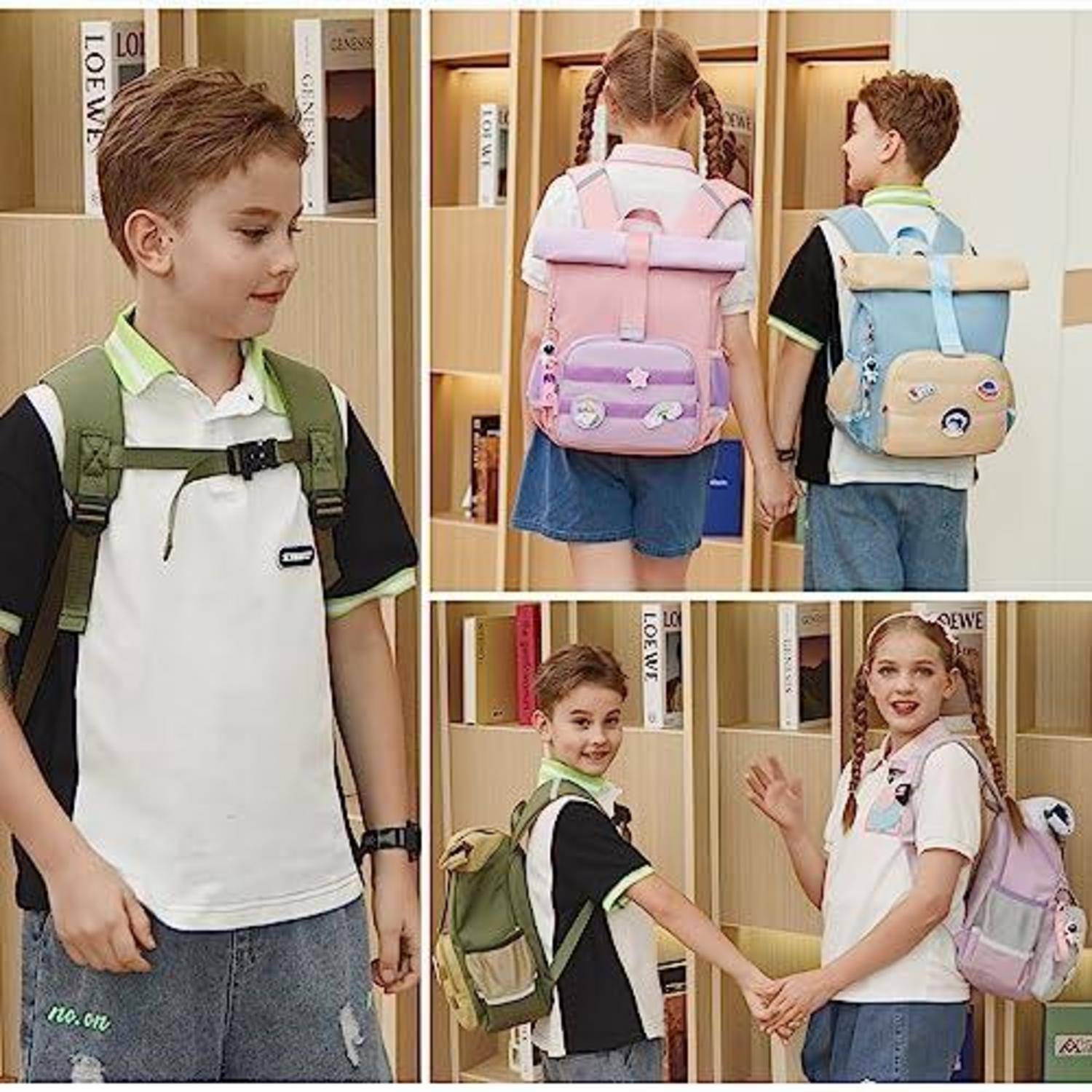 Kinder, die bunte Rucksäcke tragen, werden in einer schulähnlichen Umgebung gezeigt, wobei ein Junge und ein Mädchen zusammen und einzeln posieren, um die Taschen zu präsentieren.