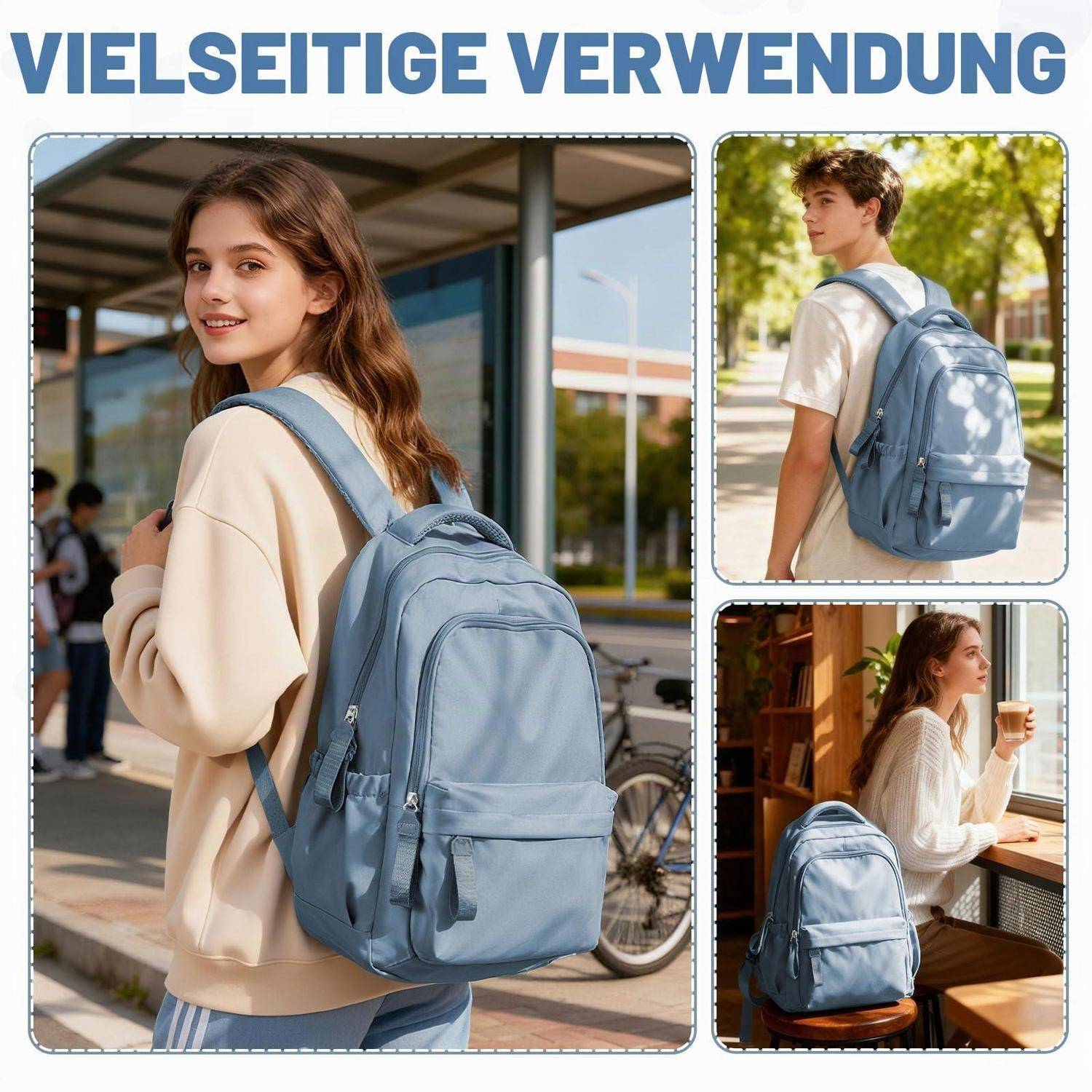 Die Collage zeigt einen hellblauen Rucksack für die Schule, Reisen und tägliche Ausflüge, mit Schülern, die ihn draußen und drinnen tragen.