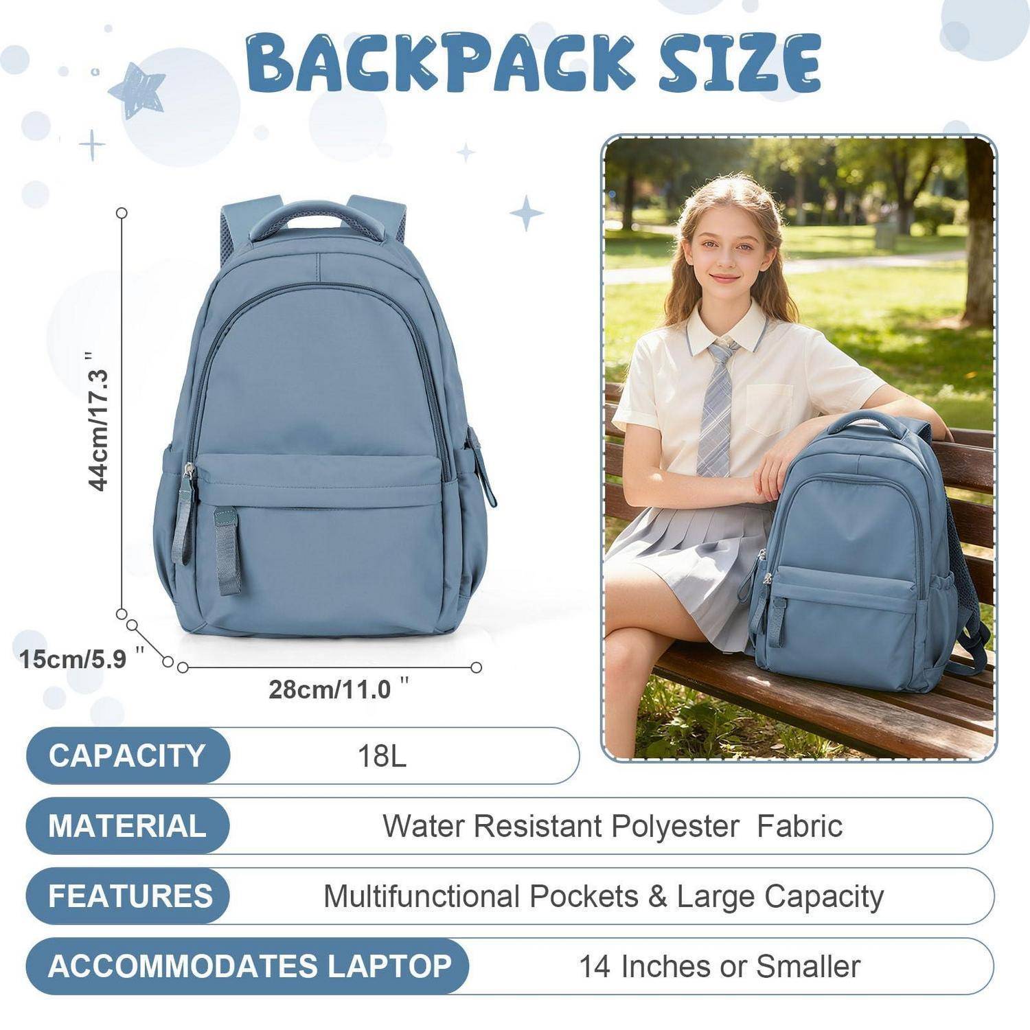 Rucksack-Größentabelle mit einem blauen Rucksack, 44 x 28 x 15 cm, 18-Liter-Kapazität, wasserresistentes Polyester, passt für 14-Zoll-Laptops, mit einem Mädchen, das daneben sitzt.