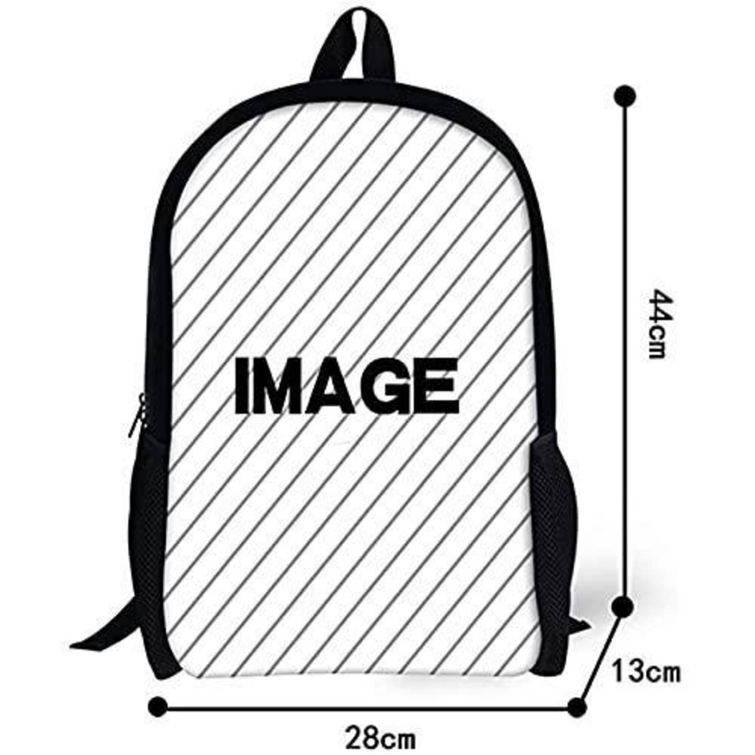 Schwarz-weiß gestreifter Rucksack-Mockup mit „IMAGE" auf der Vorderseite; Abmessungen angegeben als 44 cm Höhe, 28 cm Breite, 13 cm Tiefe.