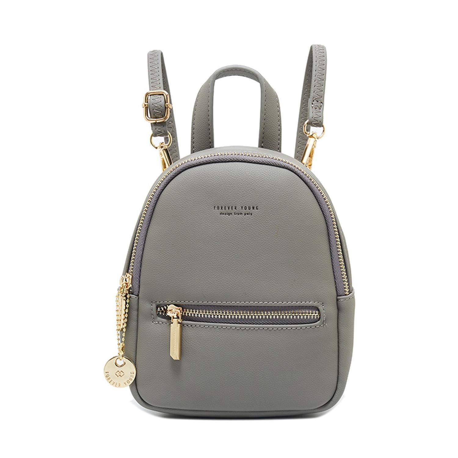Grauer Mini-Rucksack mit goldfarbenen Reißverschlussdetails, Vordertasche und Tragegriff oben auf weißem Hintergrund.