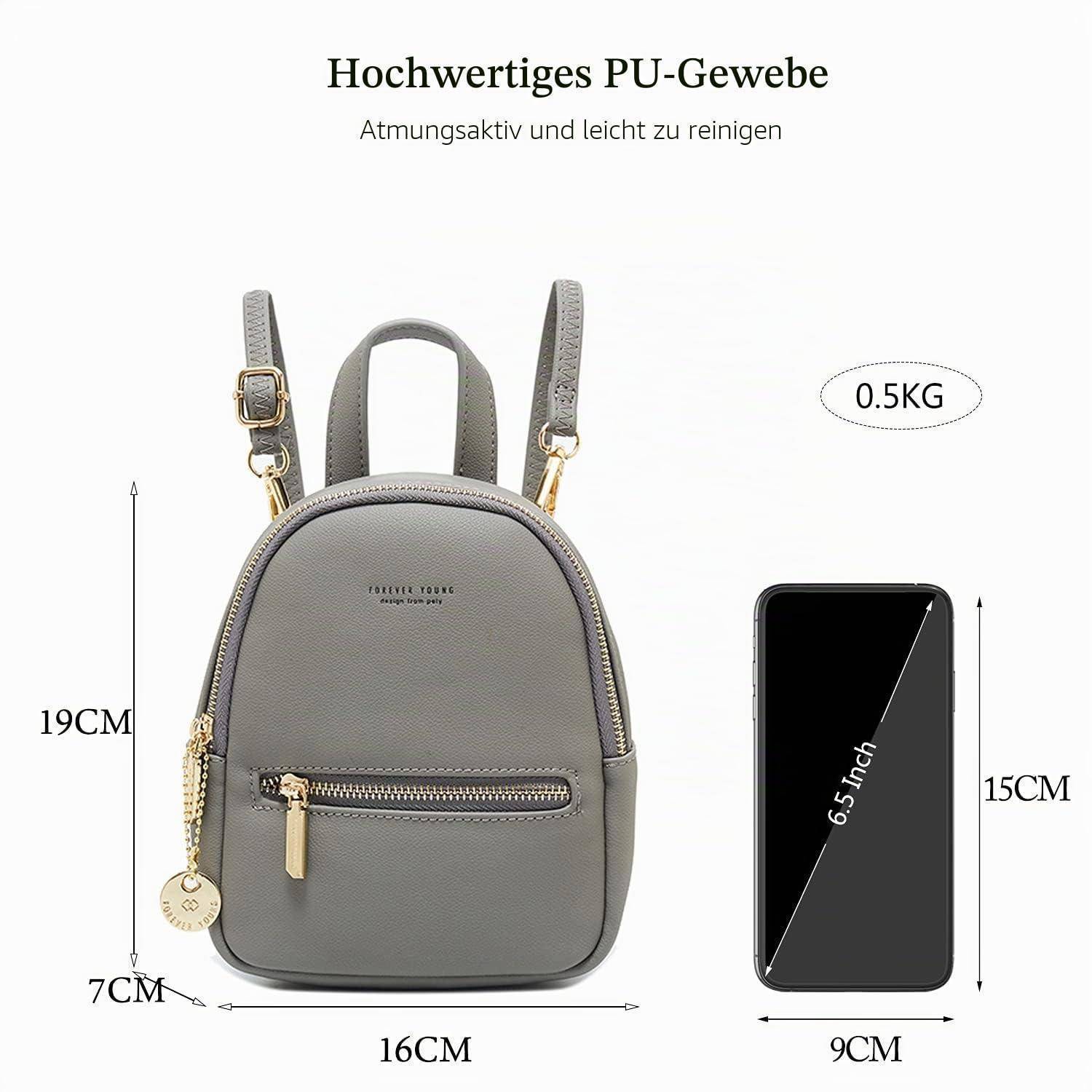 Grauer Mini-Rucksack aus PU-Stoff, gezeigt mit Größenangaben 19 cm hoch, 16 cm breit, 7 cm tief und 0,5 kg; passt für ein 6,5-Zoll-Handy, 15 x 9 cm.
