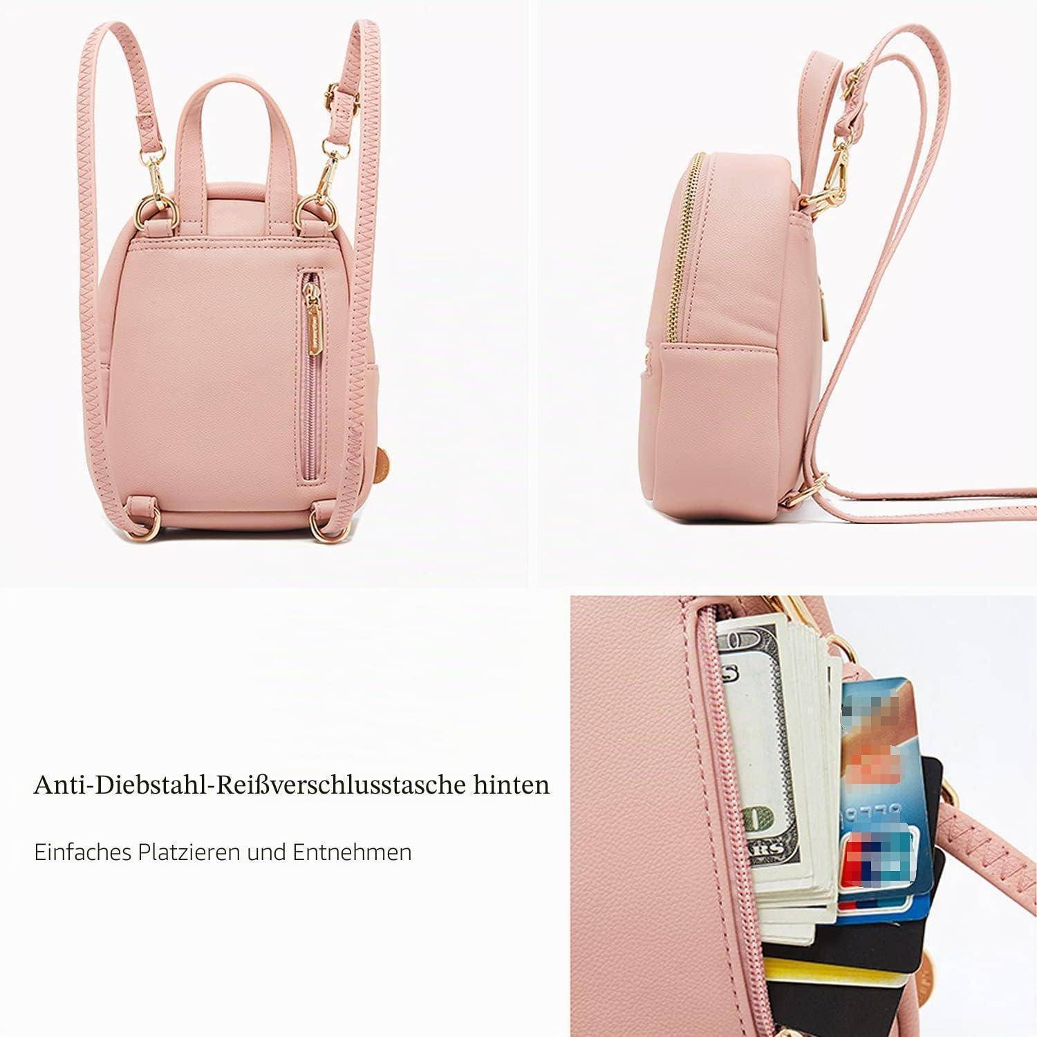 Rosa Mini-Rucksack-Geldbörse von vorne und von der Seite gezeigt, mit hinterer Anti-Diebstahl-Reißverschlusstasche; Text besagt 