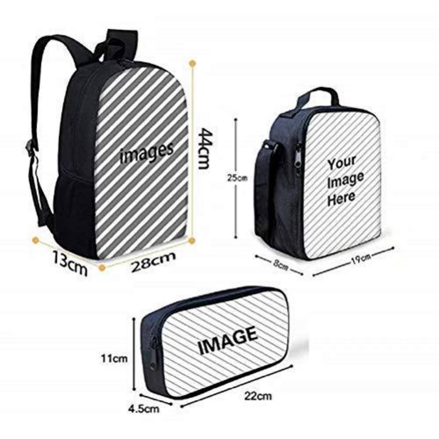 Größenvergleich von drei anpassbaren Rucksäcken oder Taschen mit den folgenden Abmessungen: 44 x 28 x 13 cm, 25 x 19 x 8 cm und 11 x 22 x 4,5 cm.