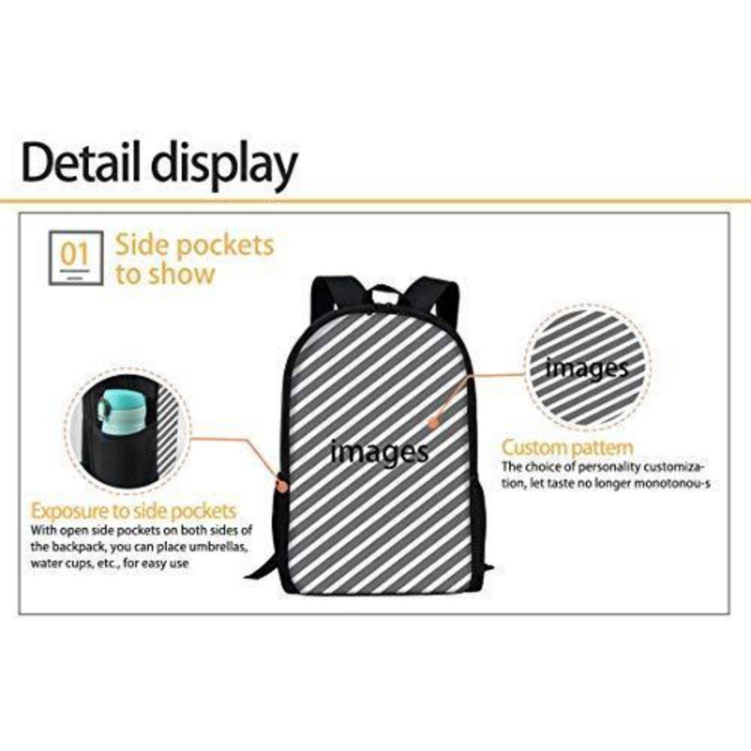 Rucksack-Detaildarstellung mit Seitentaschen, benutzerdefinierten Mustern und einer Vorderansicht mit gestreiftem "Images""-Text, die Lagerungs- und Personalisierungsfunktionen hervorhebt.