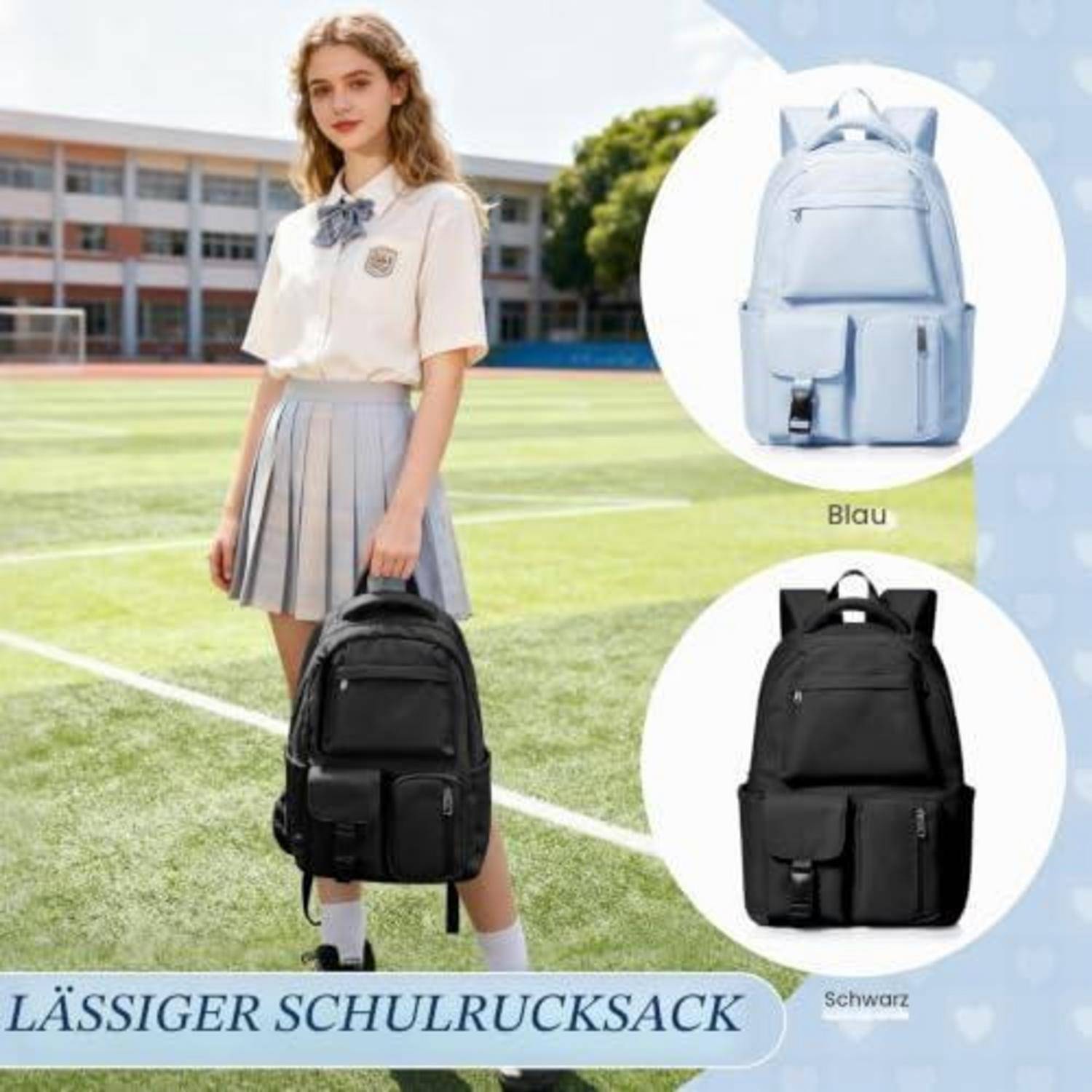 Schulmädchen steht auf einem Feld und hält einen schwarzen Rucksack; die Einblendung zeigt denselben Schulrucksack in Blau und Schwarz, beschriftet mit „Blau