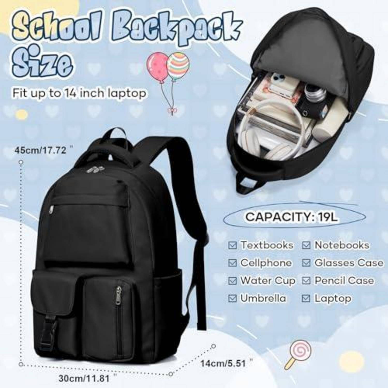 Produktbild eines schwarzen Schulrucksacks mit den Maßen 45 cm Höhe x 30 cm Breite x 14 cm Tiefe, 19 Liter Fassungsvermögen, passt für Laptops bis 14 Zoll, mit aufgelisteten Aufbewahrungsartikeln.