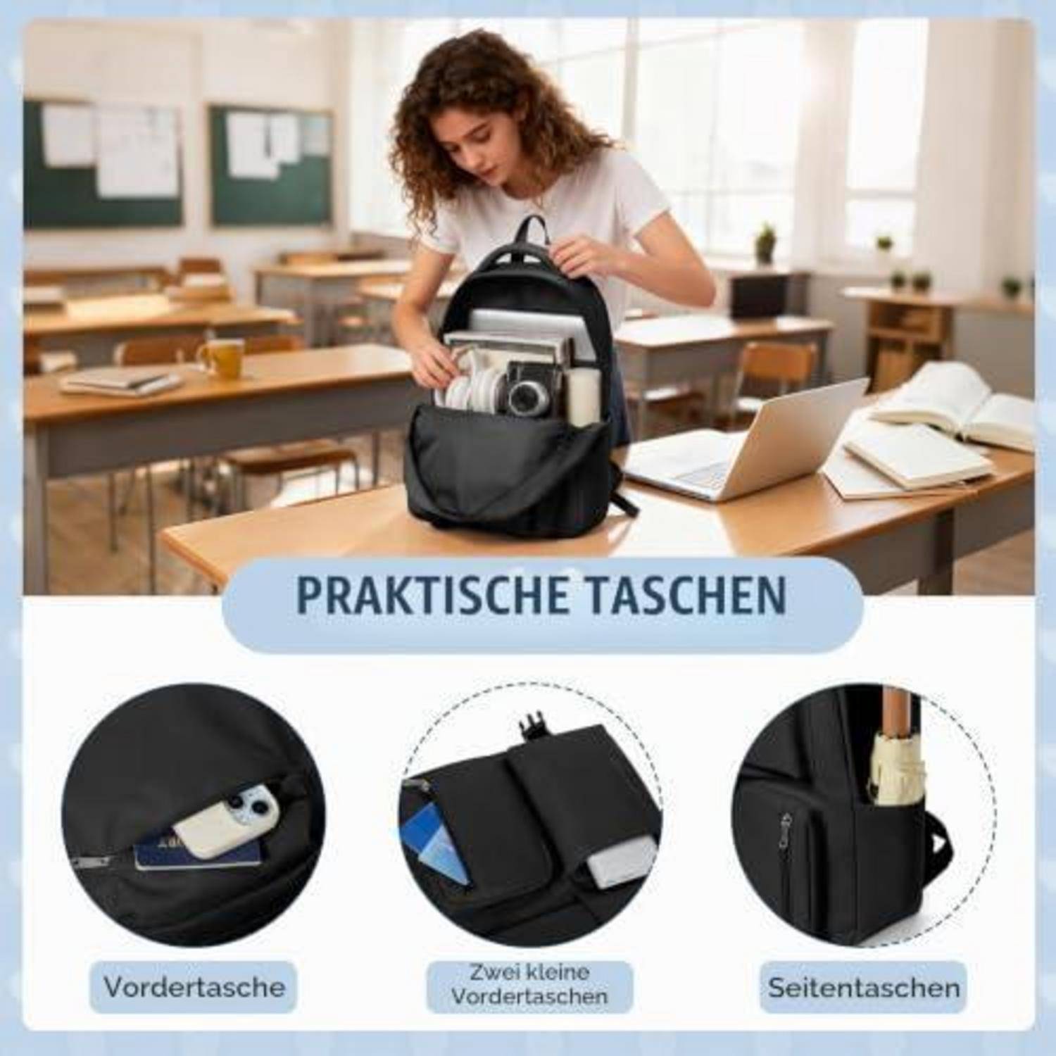 Werbung für Rucksack-Organizer mit einer Frau, die einen Rucksack in einem Klassenzimmer packt, und drei gekennzeichneten Aufbewahrungsoptionen: 'Vordertasche', 'Zwei kleine Vordertaschen' und 'Seitentaschen'.