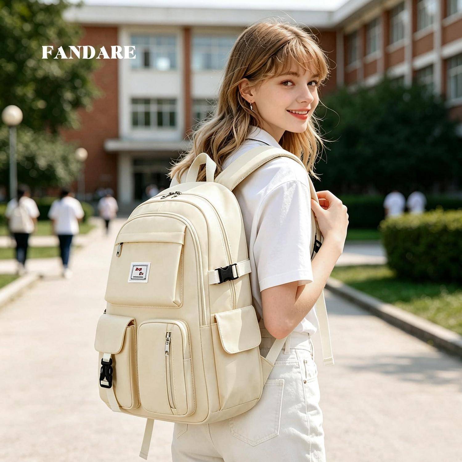 Junge Frau, die einen cremefarbenen Rucksack auf einem College-Campus trägt, schaut zurück und lächelt; 'FANDARE'-Branding erscheint in der Ecke.