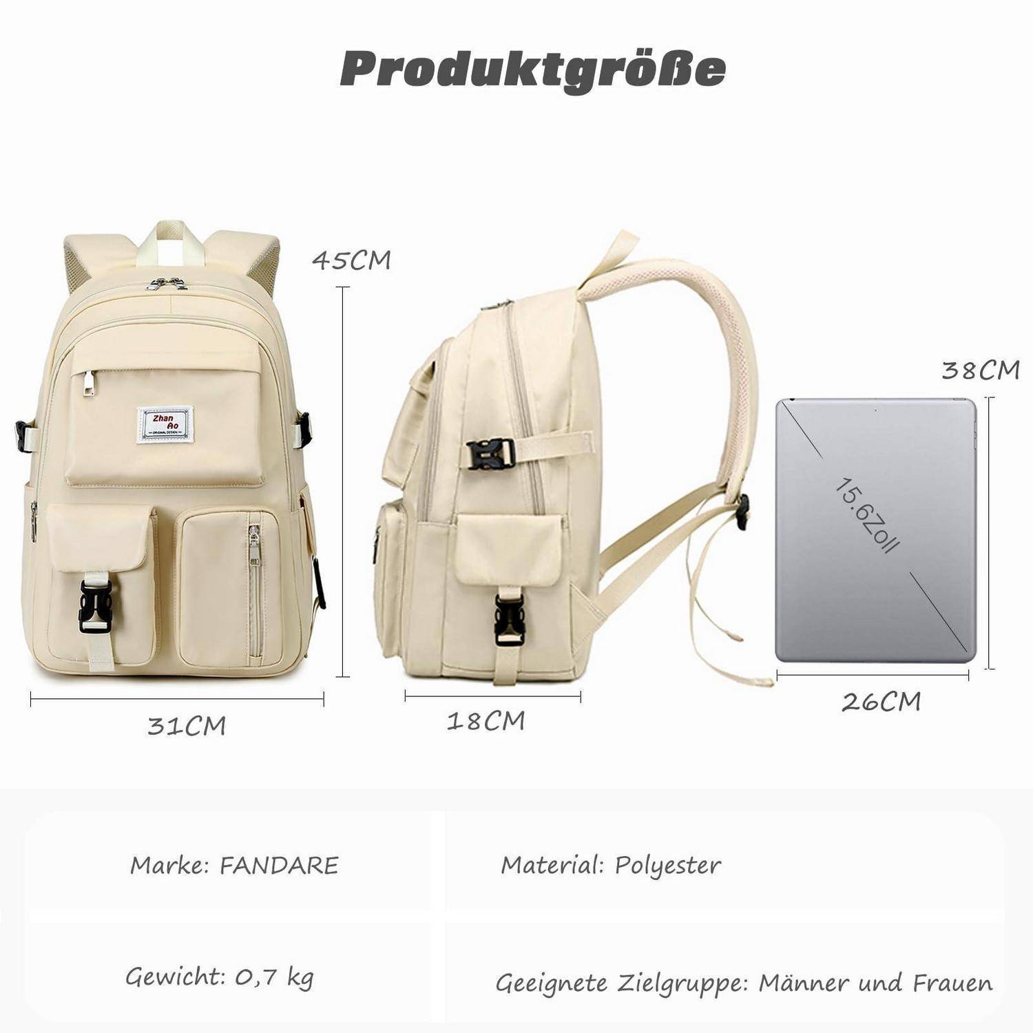 Beige Rucksack Produktbild mit Vorder- und Seitenansicht mit den Abmessungen 31 cm breit, 45 cm hoch, 18 cm tief; passt für 15,6-Zoll-Laptop, wiegt 0,7 kg.