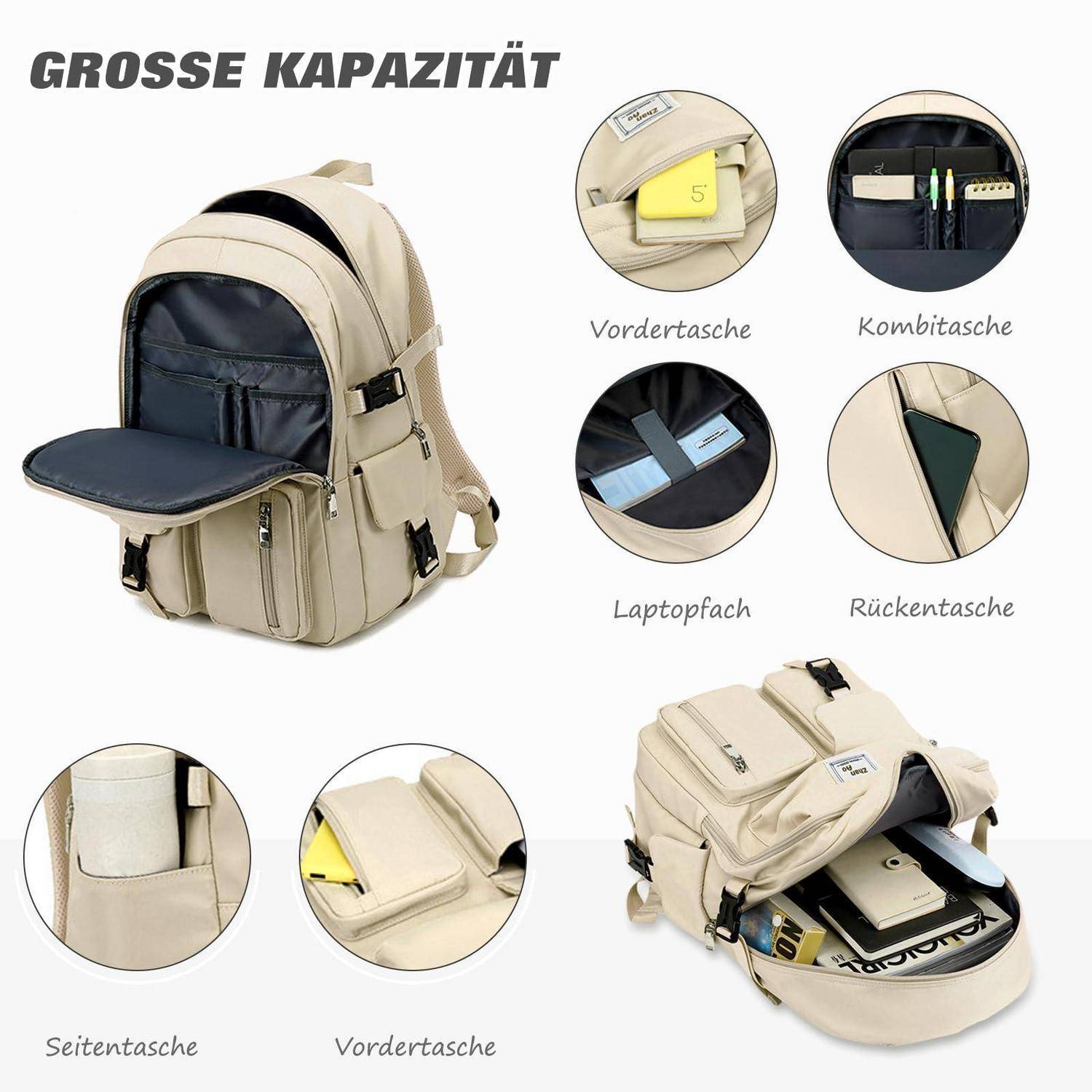 Beiger Rucksack mit großer Kapazität, gezeigt offen mit mehreren Fächern mit deutschen Beschriftungen: Vordertasche, Kombitasche, Laptop-Fach, Rückentasche und Seitentasche.
