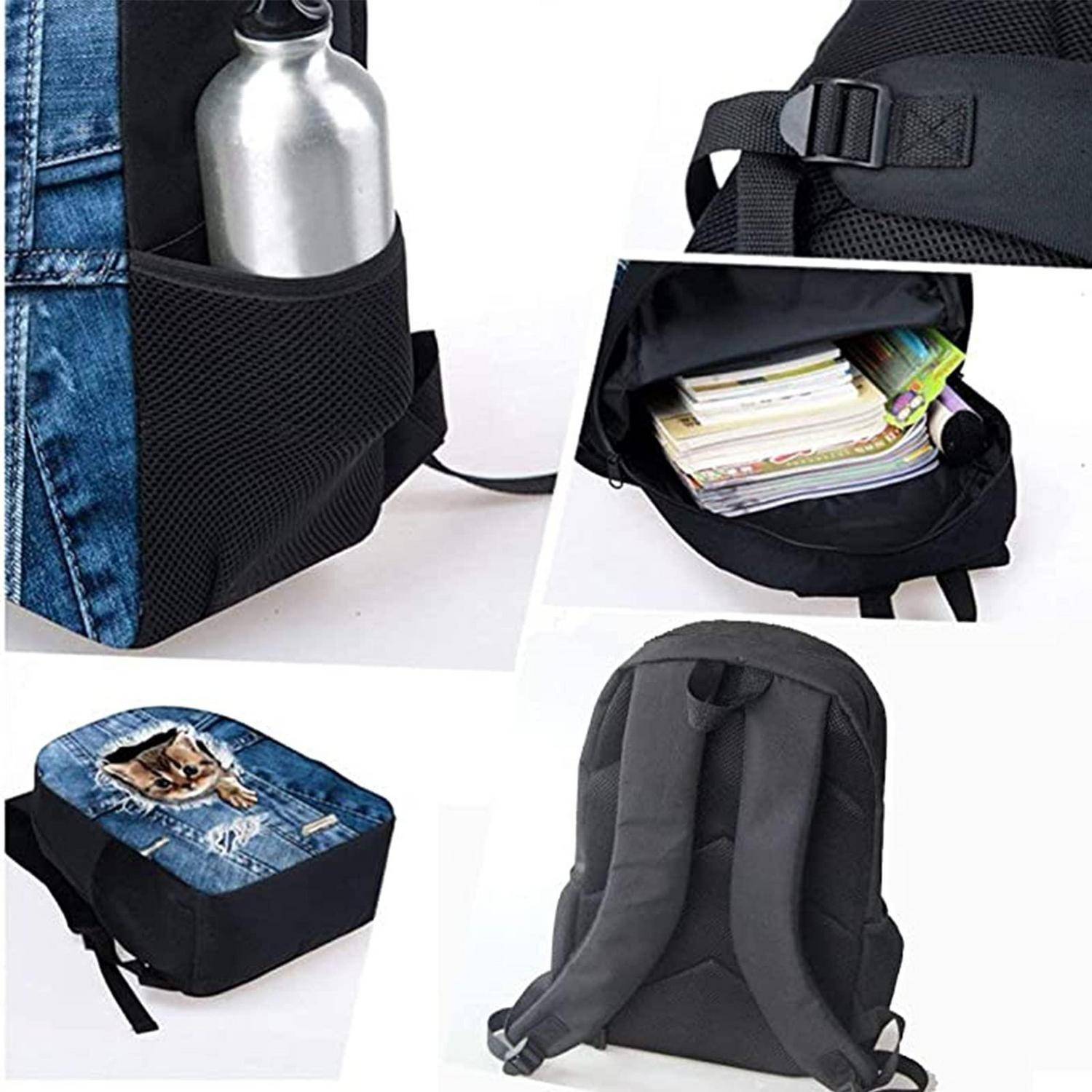 Collage zeigt einen schwarzen Rucksack mit seitlicher Netzttasche, die eine Flasche hält, ein offenes Hauptfach mit Büchern und ein Frontdesign mit einem Katzenfoto.