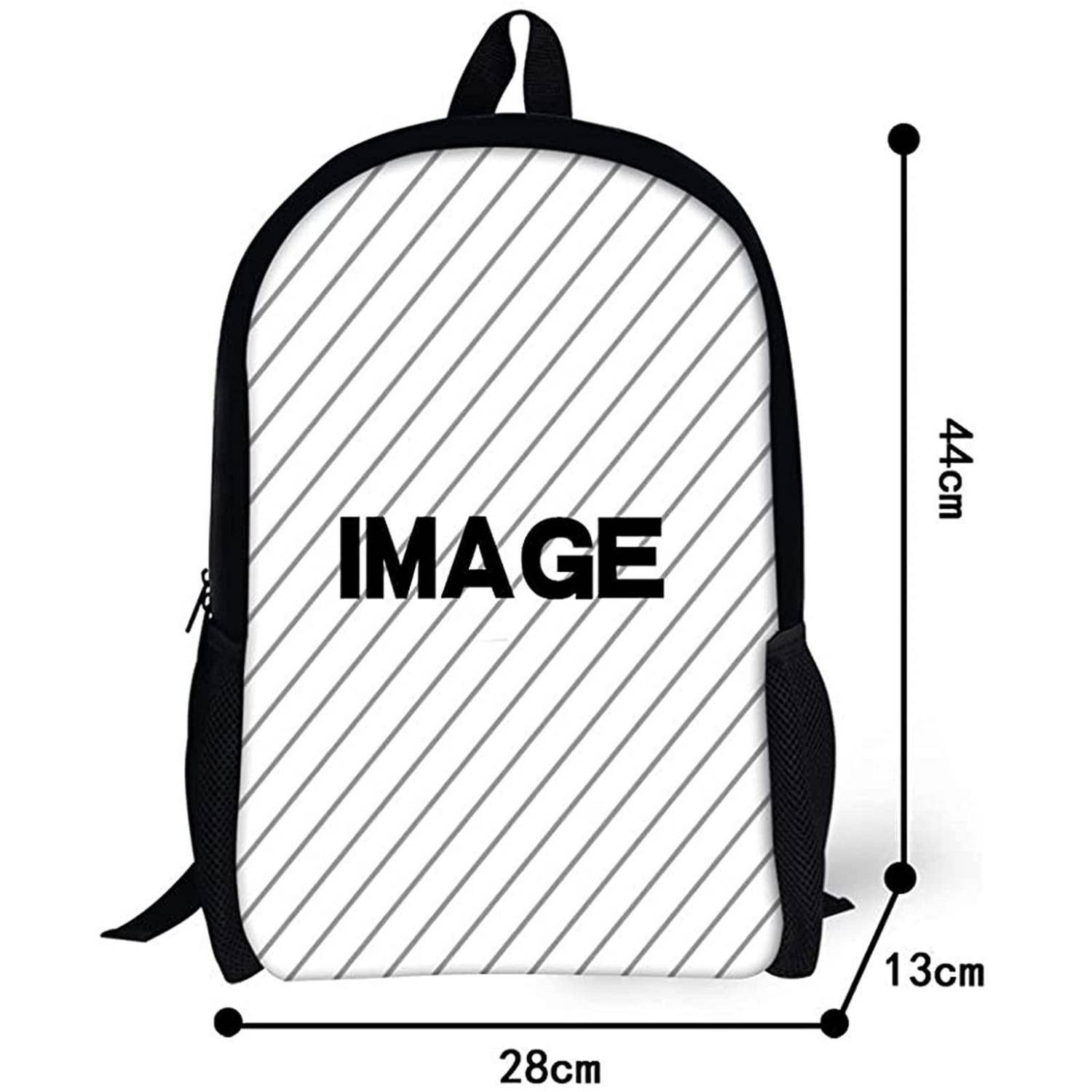 Schwarzer Rucksack-Mockup mit diagonalem Streifenmuster, zentriertem Text „IMAGE" und Größenetiketten mit 44 cm Höhe, 28 cm Breite und 13 cm Tiefe.