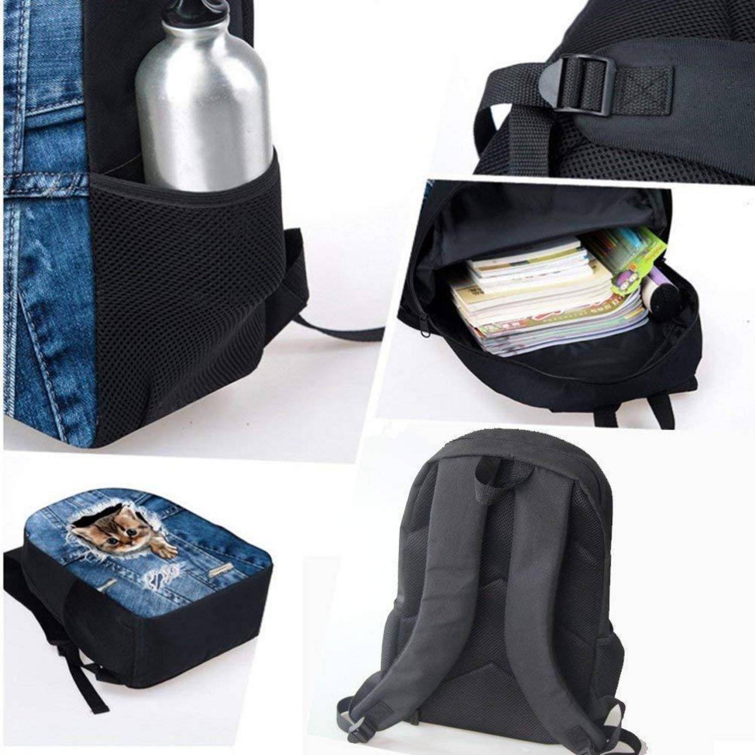 Collage eines Denim-Rucksacks mit einer seitlichen Flaschenentasche, offenem Hauptfach, Katzenmuster-Vorderseite und gepolsterten Rückengurten, zeigt mehrere Ansichten.