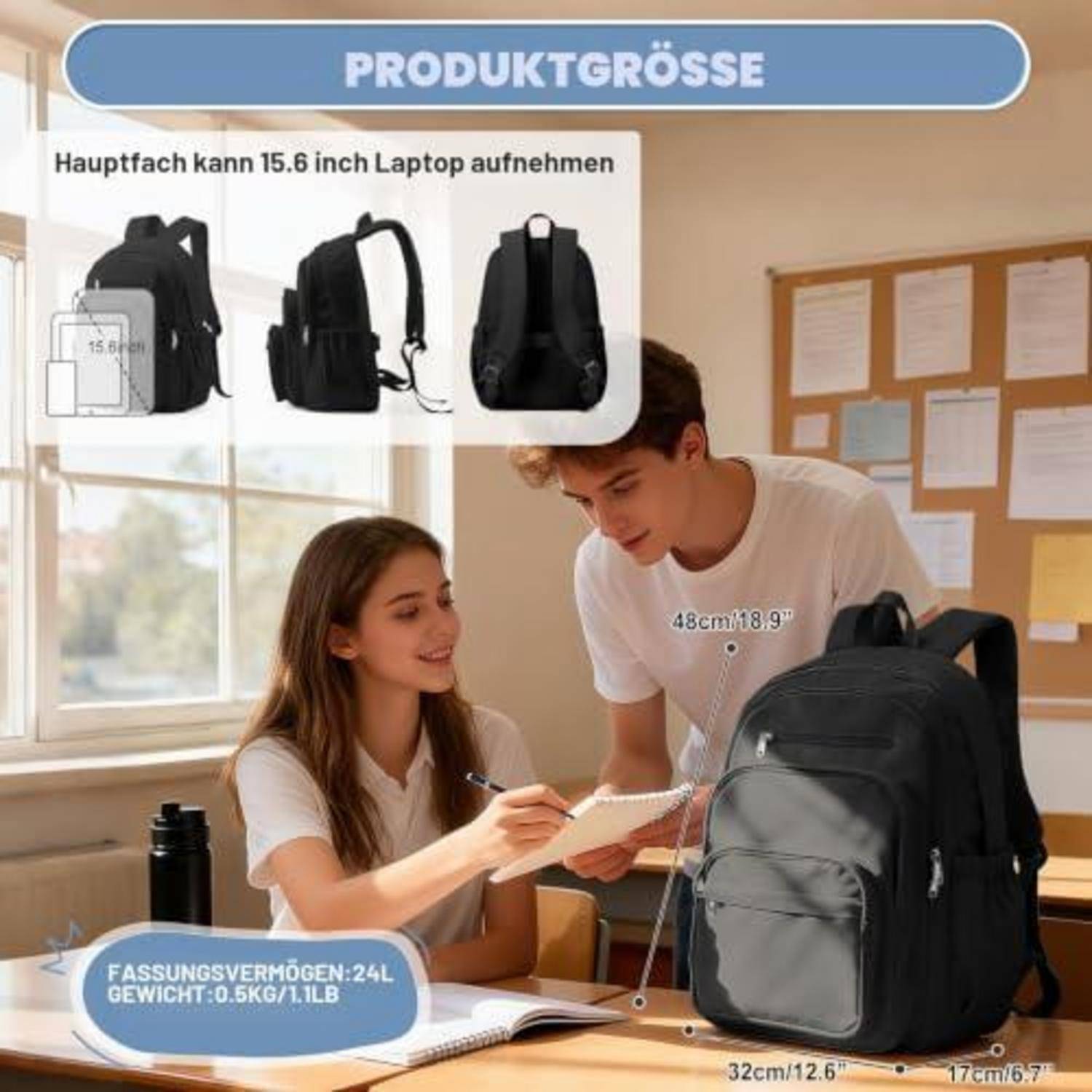 Werbebilder eines schwarzen Rucksacks mit Größen- und Kapazitätsangaben, der einen 15,6-Zoll-Laptop aufnimmt, ein Volumen von 24 l fasst und die Abmessungen 48 x 32 x 17 cm hat.