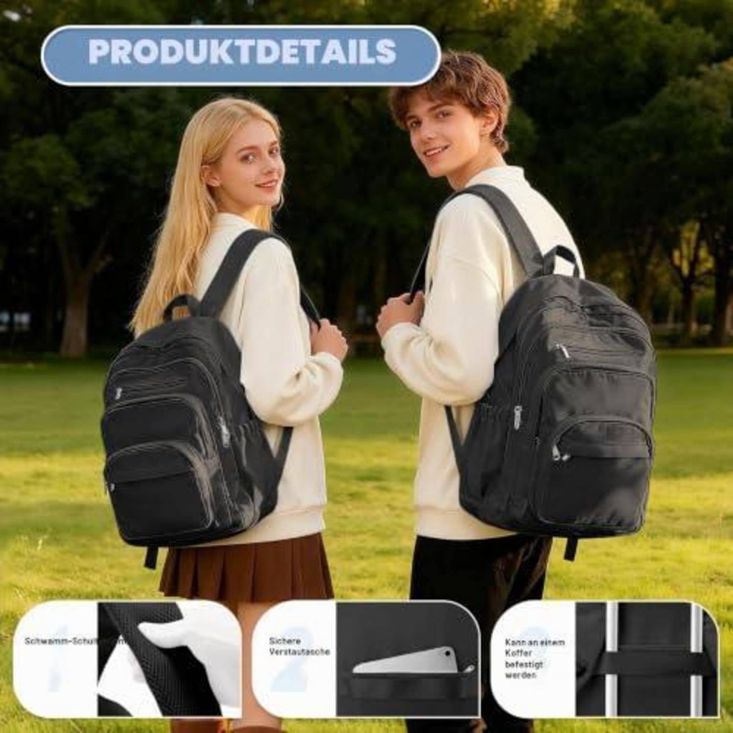 Zwei Schüler mit schwarzen Rucksäcken im Freien, mit Produktdetail-Callouts, die Netzriemen, Reißverschluss und verstärkte Rückenstütze hervorheben.
