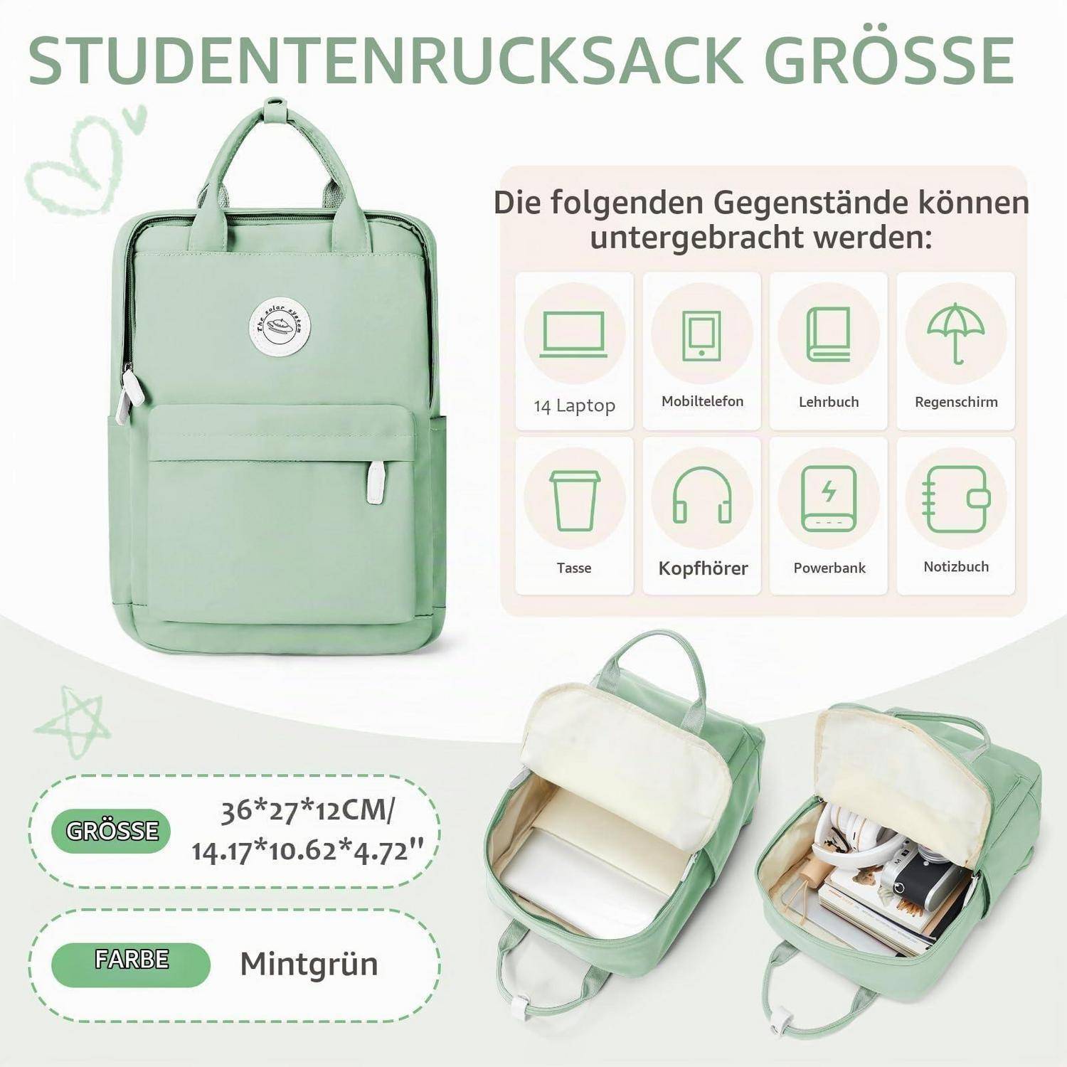 Minzgrüner Rucksack Größentabelle zeigt, dass er einen 14-Zoll-Laptop, Telefon, Buch, Regenschirm, Tasse, Kopfhörer, Powerbank und Notizbuch passt.