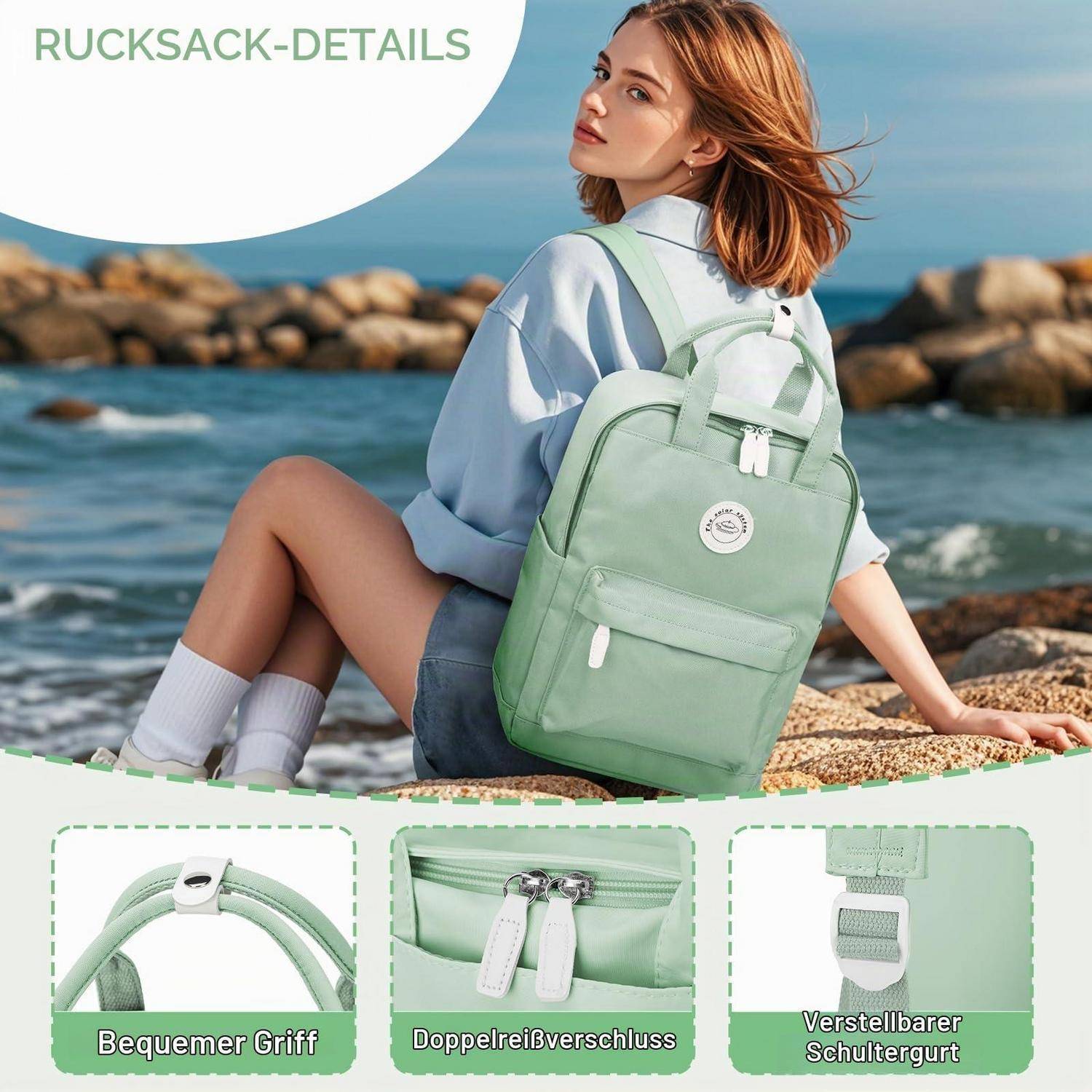 Eine junge Frau sitzt am Meer und trägt einen mintgrünen Rucksack; eingefügte Nahaufnahmen zeigen den Griff, den Doppelreißverschluss und die verstellbare Schnalle.