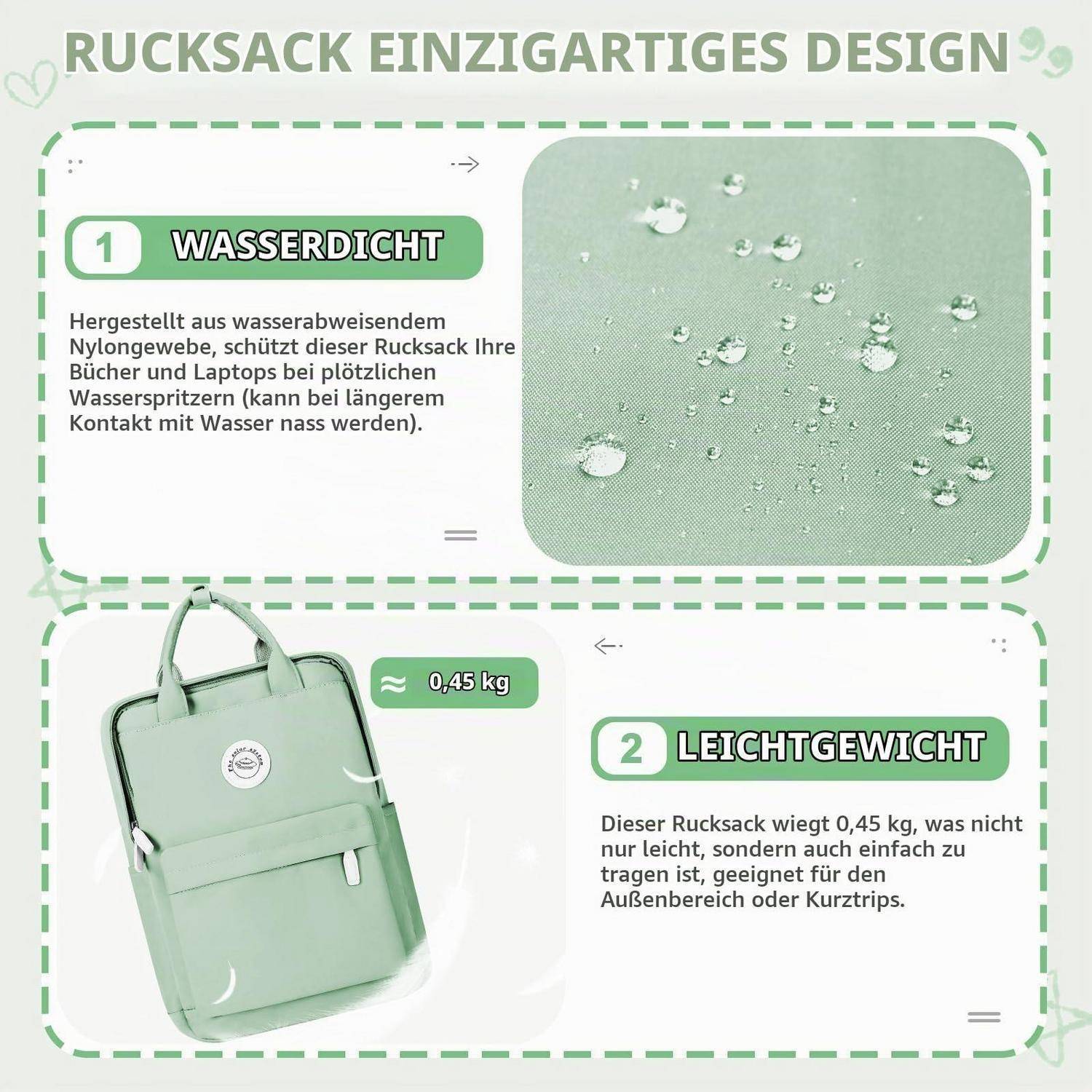 Schulrucksack 14 Zoll Laptop, wasserdicht, Minzgrün