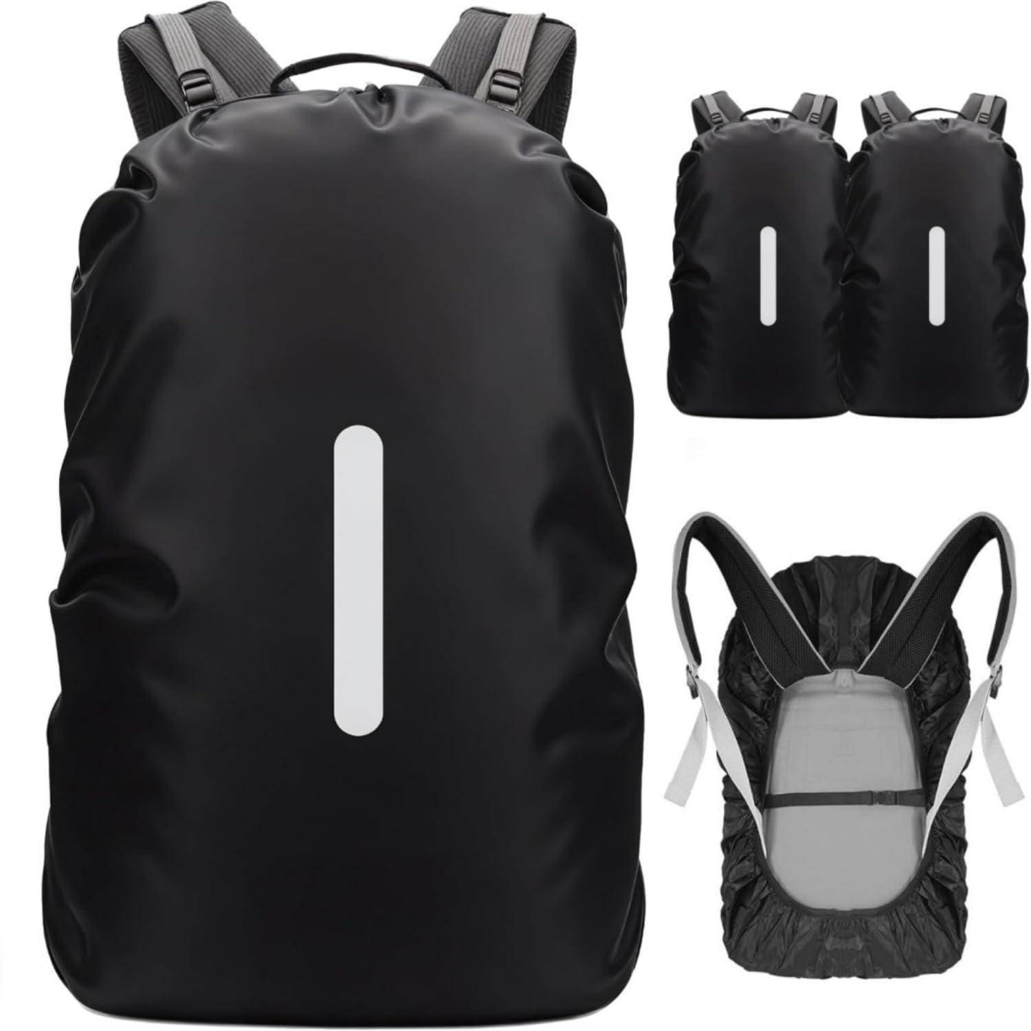 Schwarzer wasserdichter Rucksack mit reflektierendem vertikalem Streifen, Vorder-, Rückseite und Paarpräsentation auf weißem Hintergrund.