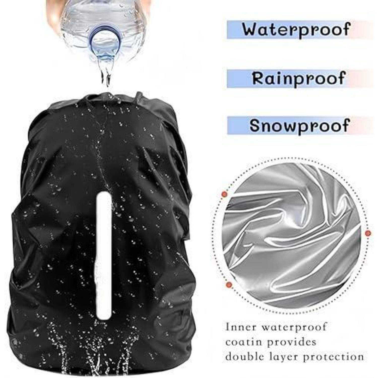 Schwarzer Rucksack-Regenschutz mit Wasser, das darauf gegossen wird, beschriftet mit „Wasserdicht", „Regendicht"", „Schneesicher"", plus eine Nahaufnahme der inneren wasserdichten Beschichtung.