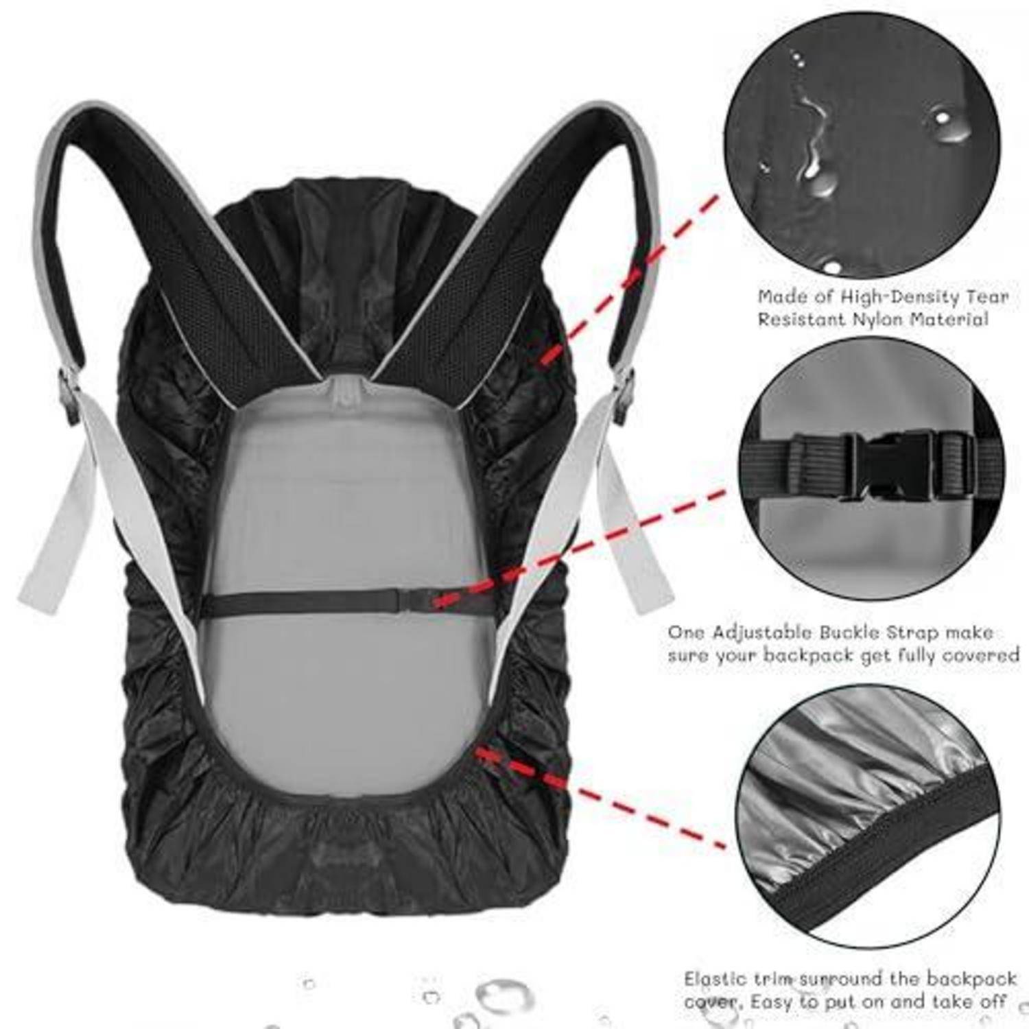 Schwarze Nylon-Rucksackabdeckung mit elastischen Kanten und verstellbaren Schnallengurten, mit Beschriftungen, die reißfestes Material, Schnallenverschluss und wasserdichter Passform hervorheben.