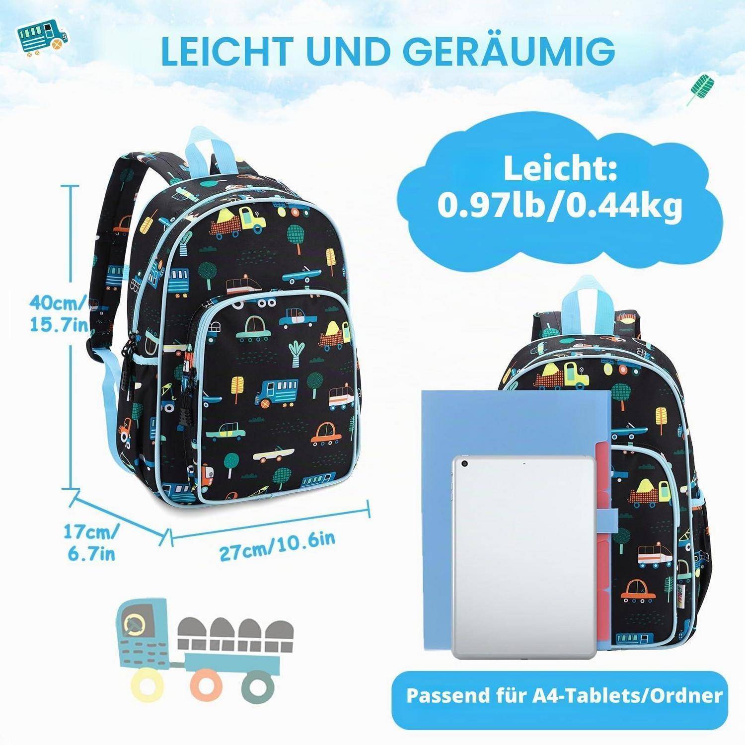 Werbebild eines schwarzen gemusterten Rucksacks mit der Bezeichnung „Leicht und geräumig