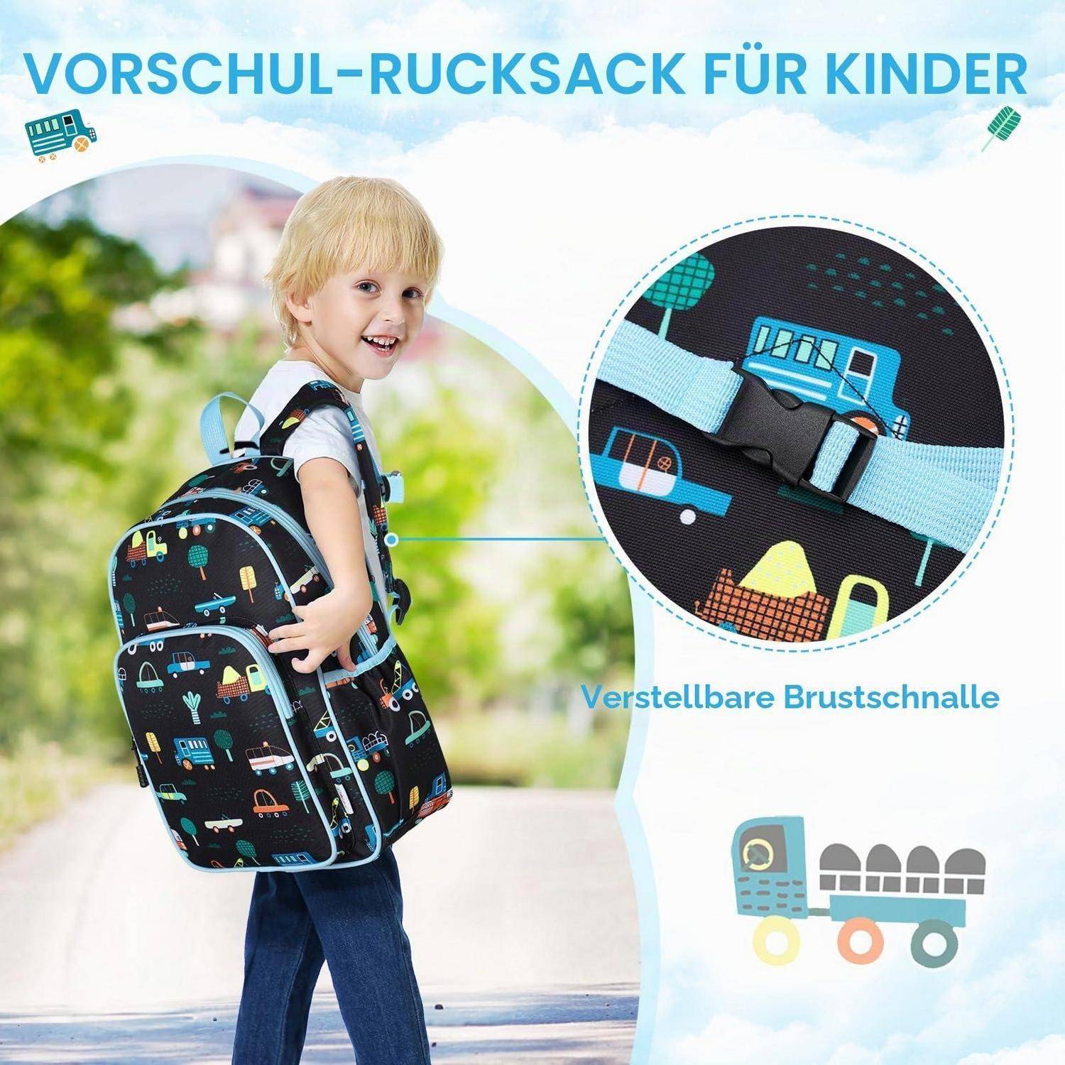 Kind mit einem Vorschul-Rucksack mit Fahrzeugmuster; Inset hebt einen verstellbaren Brustgurt hervor. Text liest sich als „Vorschul-Rucksack für Kinder