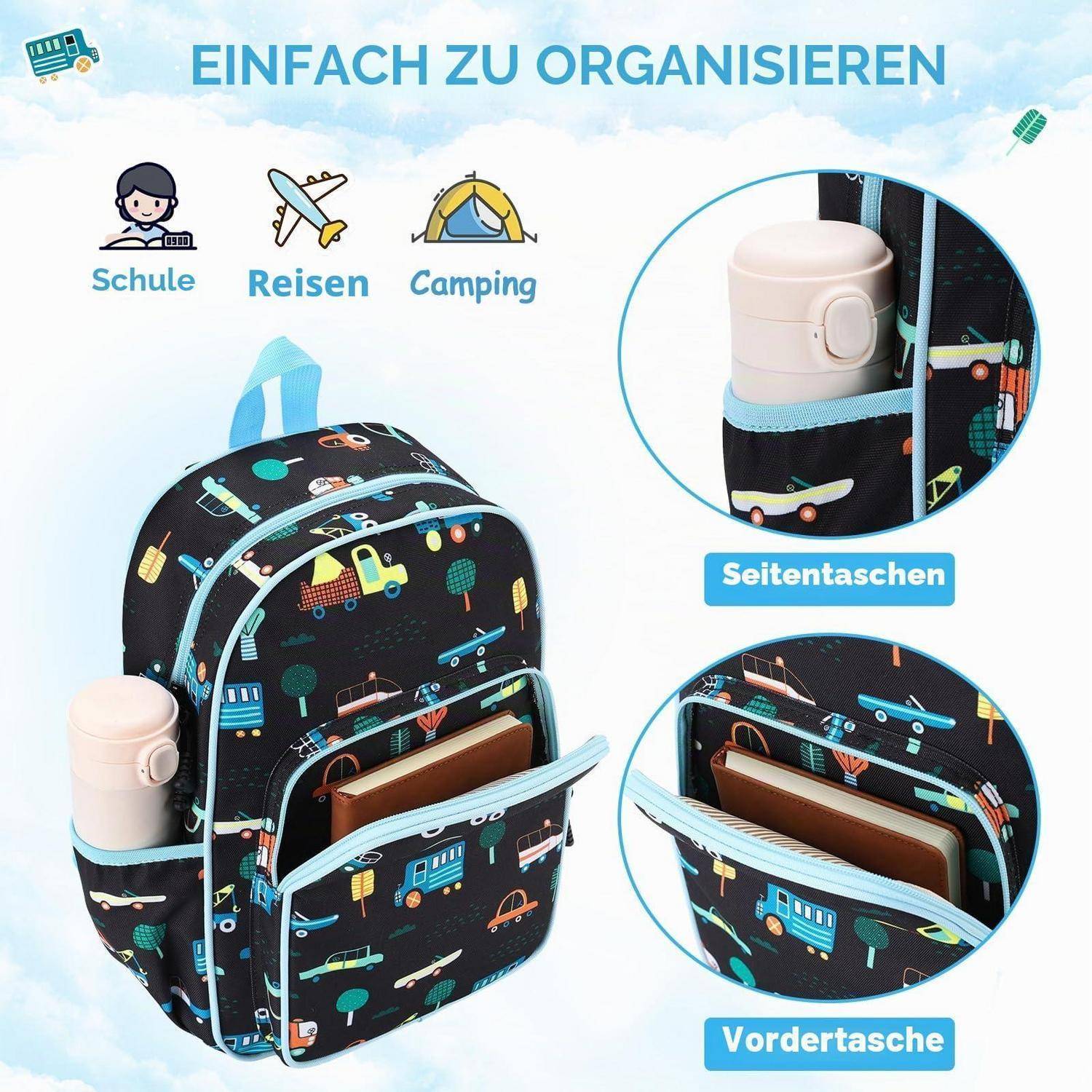 Kinderrucksack mit Schule-, Reise- und Camping-Symbolen, gezeigt mit Seitentaschen und Vordertasche, die eine Flasche und ein Notizbuch halten; Text sagt „EINFACH ZU ORGANISIEREN