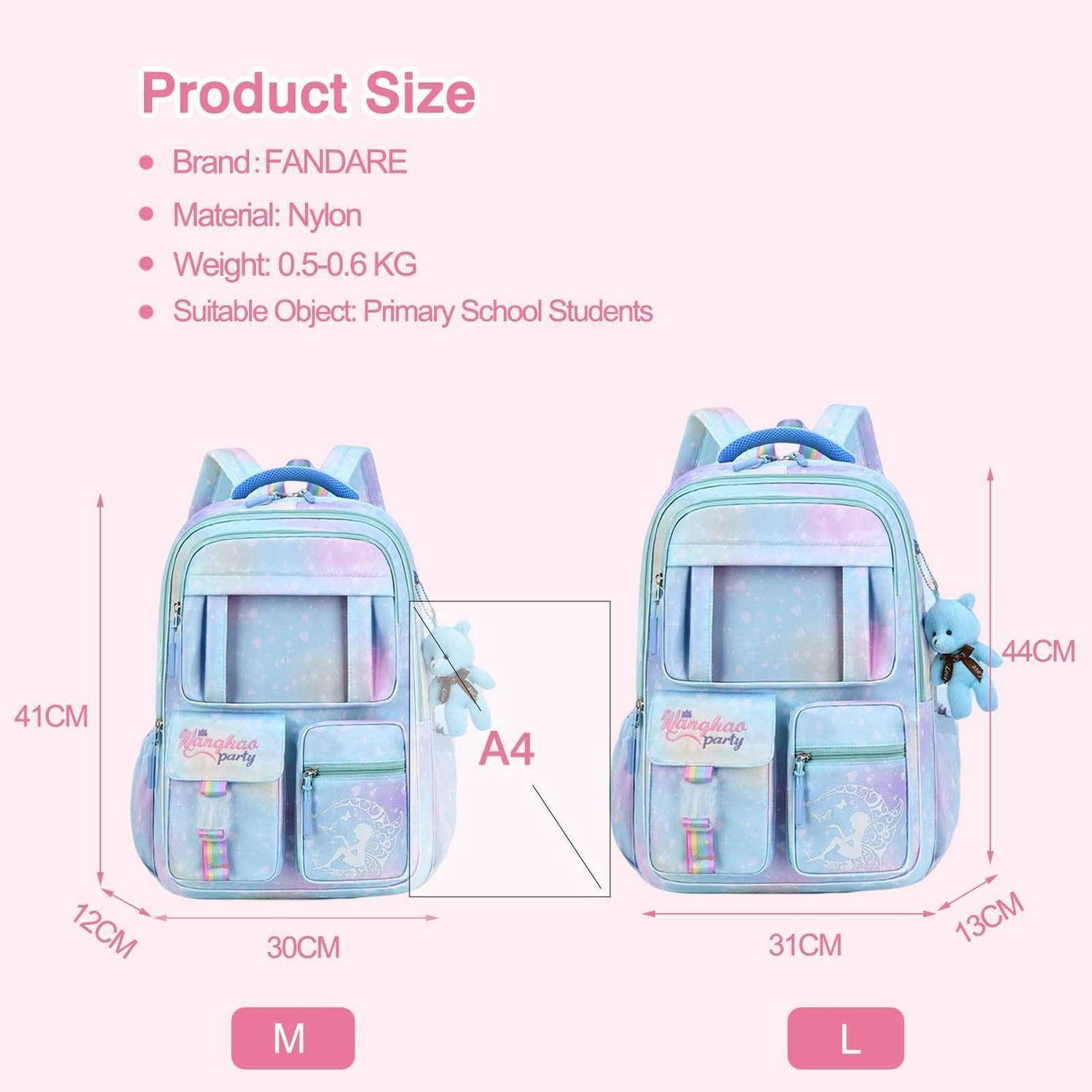 Größentabelle für FANDARE Nylon-Rucksack: M ist 41x30x12 cm und L ist 44x31x13 cm; geeignet für Grundschüler, Gewicht 0,5-0,6 kg.