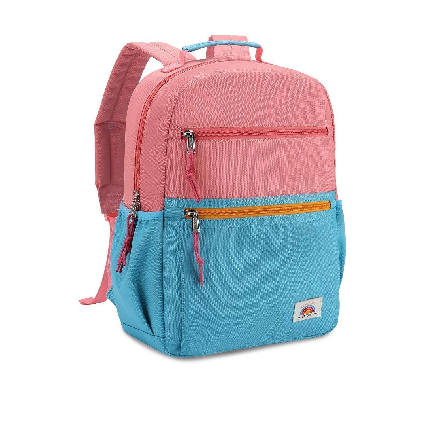 Rosa und blauer Rucksack mit zwei vorderen Reißverschlusstaschen und Tragegriff oben auf weißem Hintergrund.