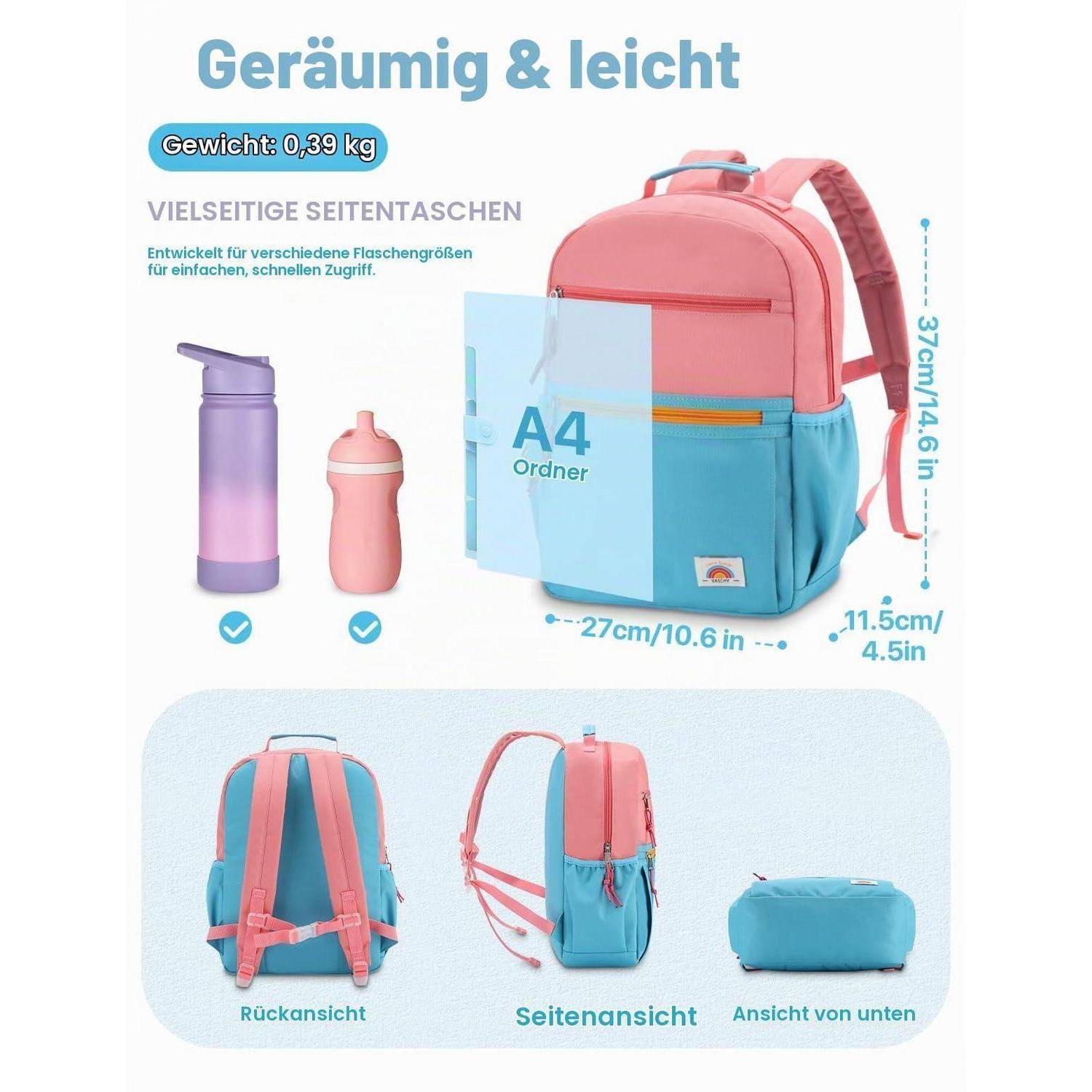 Rosa und blauer Rucksack dargestellt als leicht, geräumig und flaschenkompatibel; passt einen A4-Ordner, mit Abmessungen und Rück-, Seiten- und Bodenansichten.