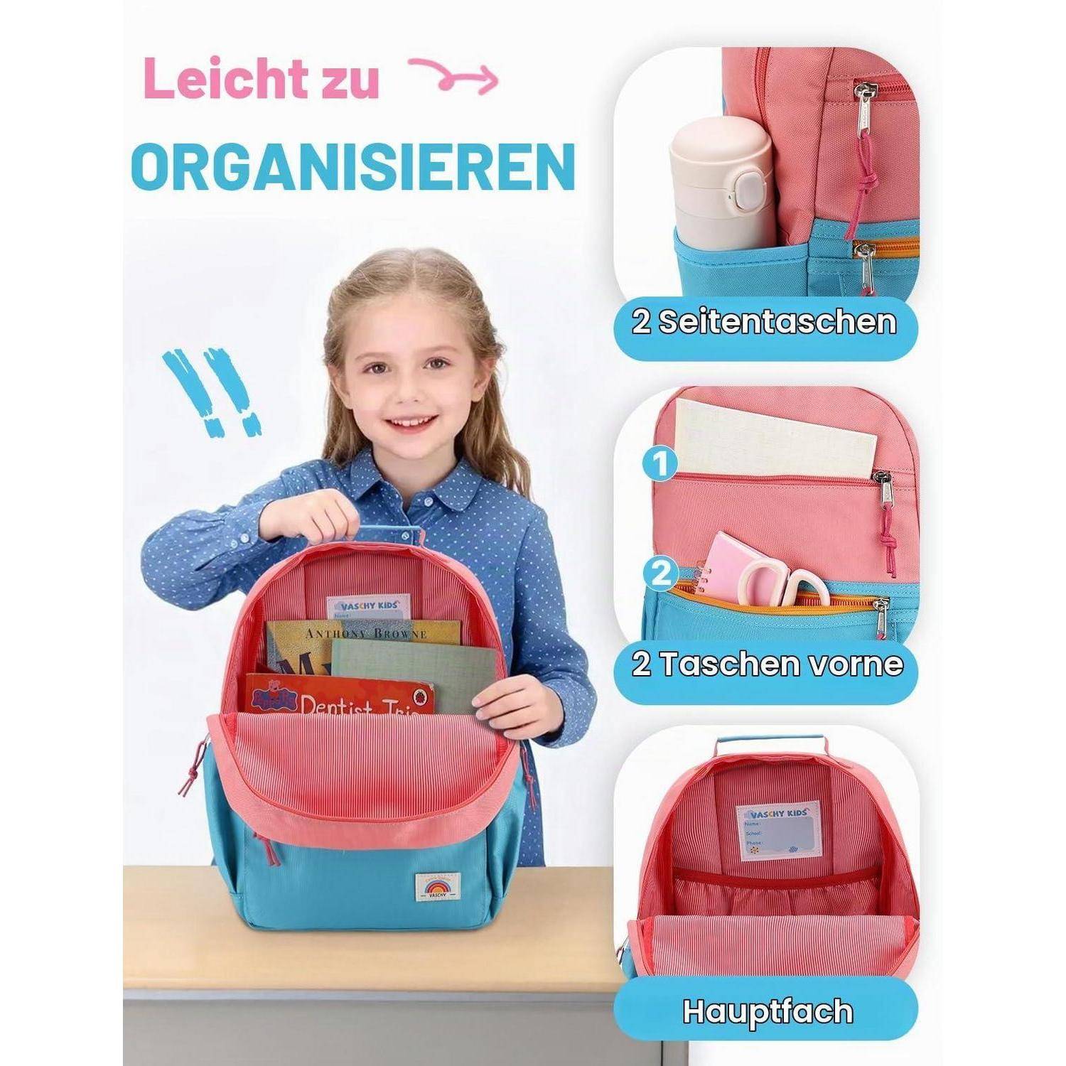 Werbebild eines Kindes, das einen rosa-türkisen Rucksack hält, mit dem Text „Leicht zu ORGANISIEREN