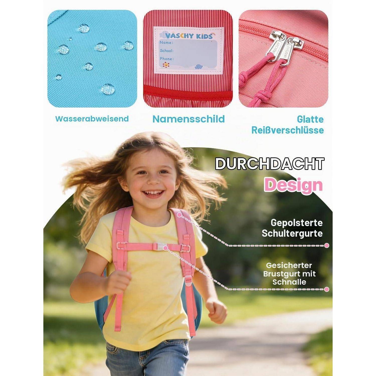Kind trägt einen rosa Rucksack im Freien, mit Hinweisen auf wasserabweisenden Stoff, Namensschild, glatte Reißverschlüsse, gepolsterte Schultergurte und einen sicheren Brustgurt.