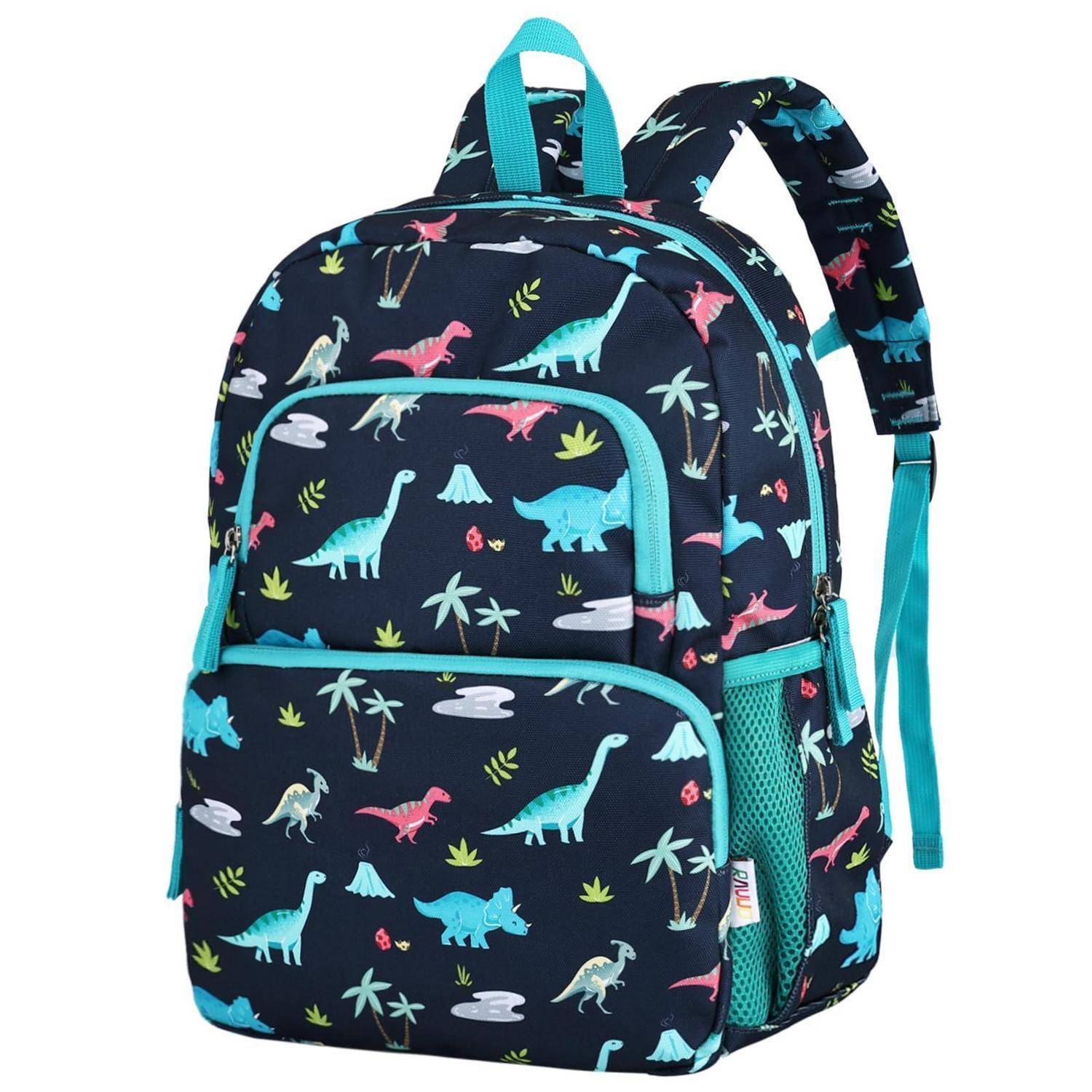 Kinderrucksack mit farbenfrohem Dinosaurier-Motiv, türkisfarbener Einfassung und Riemen, Reißverschlusstasche vorne und Netz-Seitentasche auf weißem Hintergrund.