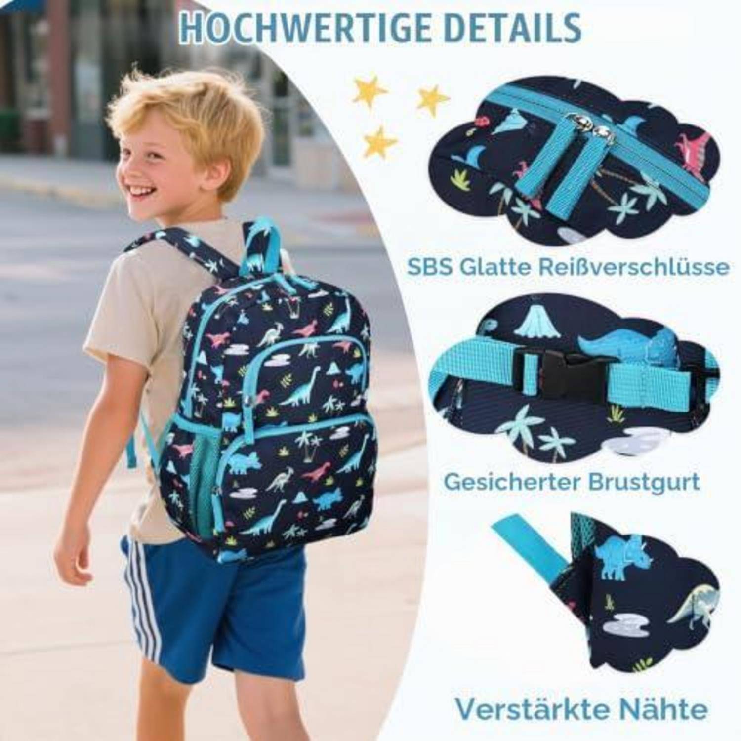 Junge trägt einen dunkelblau Dinosaurier-bedruckten Rucksack; Beschriftungen zeigen hochwertige Details: glatte Reißverschlüsse, gesicherter Brustgurt und verstärkte Nähte.