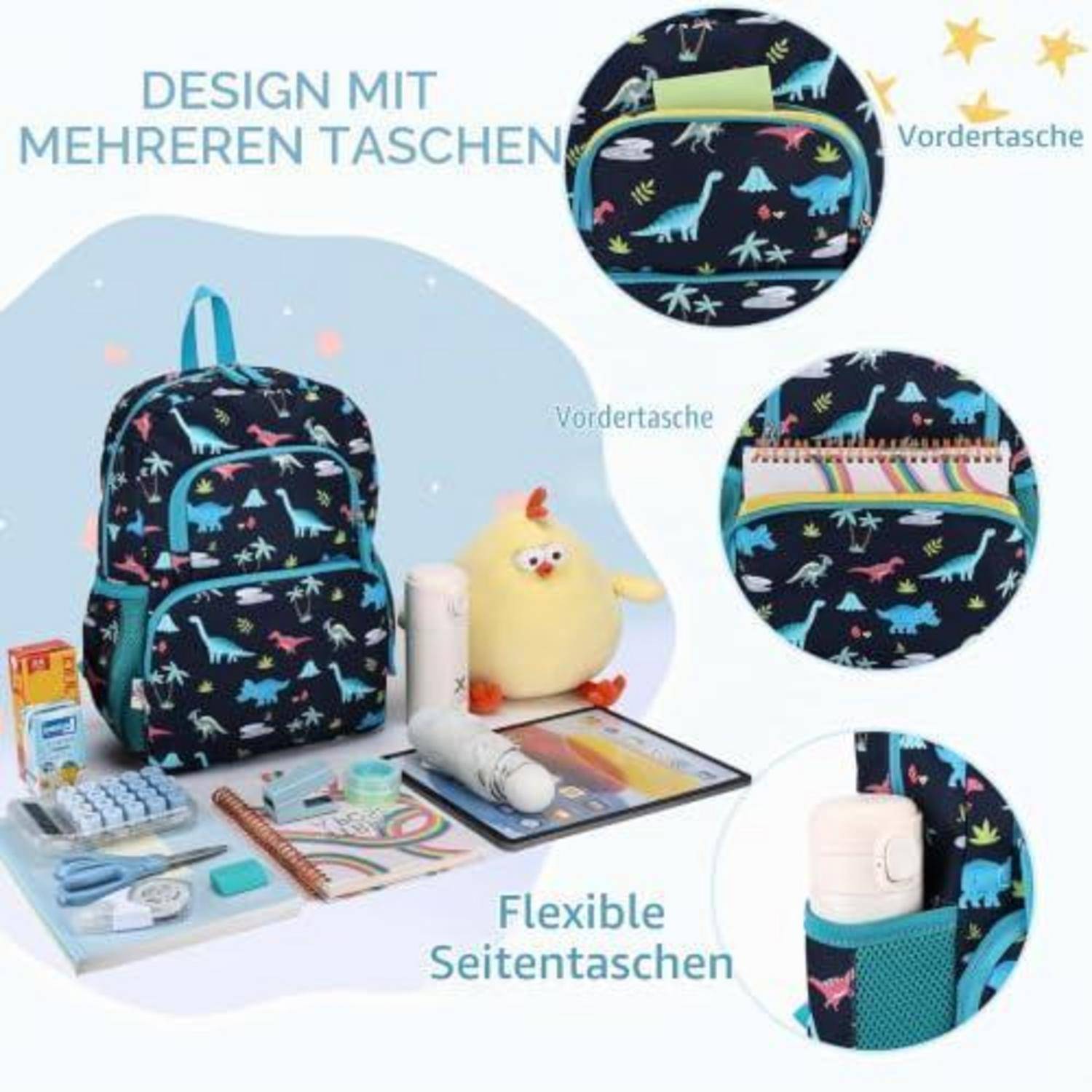 Werbebild eines Rucksacks mit Dinosaurier-Muster mit mehreren Taschen, beschriftet auf Deutsch mit „Design mit mehreren Taschen