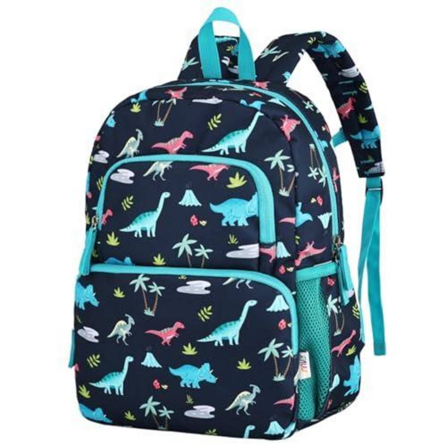 Kleiner Dinosaurier-Rucksack mit türkisfarbenem Besatz, Vordertasche, seitlicher Netztasche und Tragegriff oben auf weißem Hintergrund.