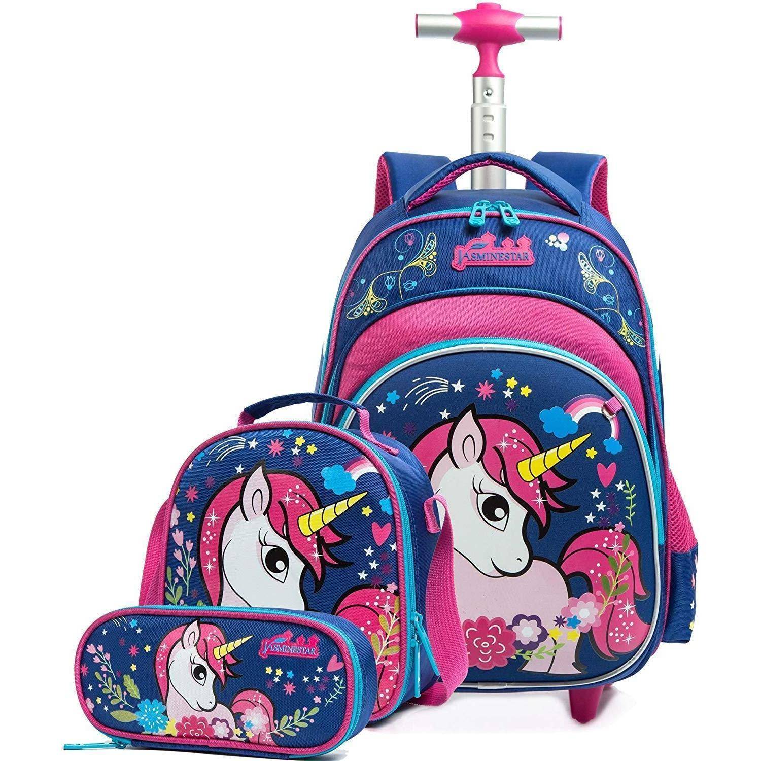 Rosa und blaues Einhorn-Schulrucksack-Set mit Rollrucksack, passendem Lunchbeutel und Federtasche