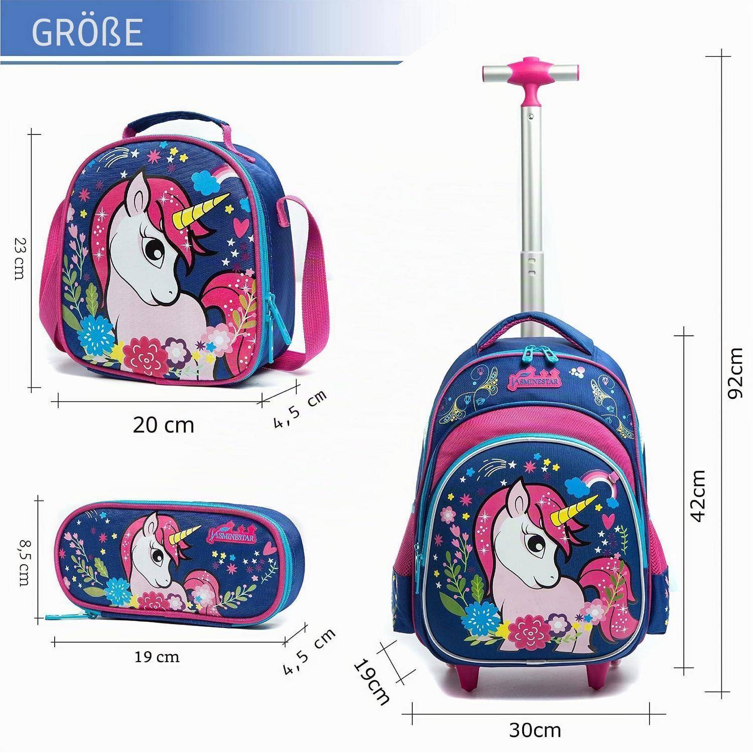 Produktgrößentabelle mit einem Einhorn-Rucksack und passendem Stiftetui mit Abmessungen: Rucksack 42 x 30 x 19 cm, Etui 8,5 x 19 x 4,5 cm, Trolleyhöhe 92 cm.