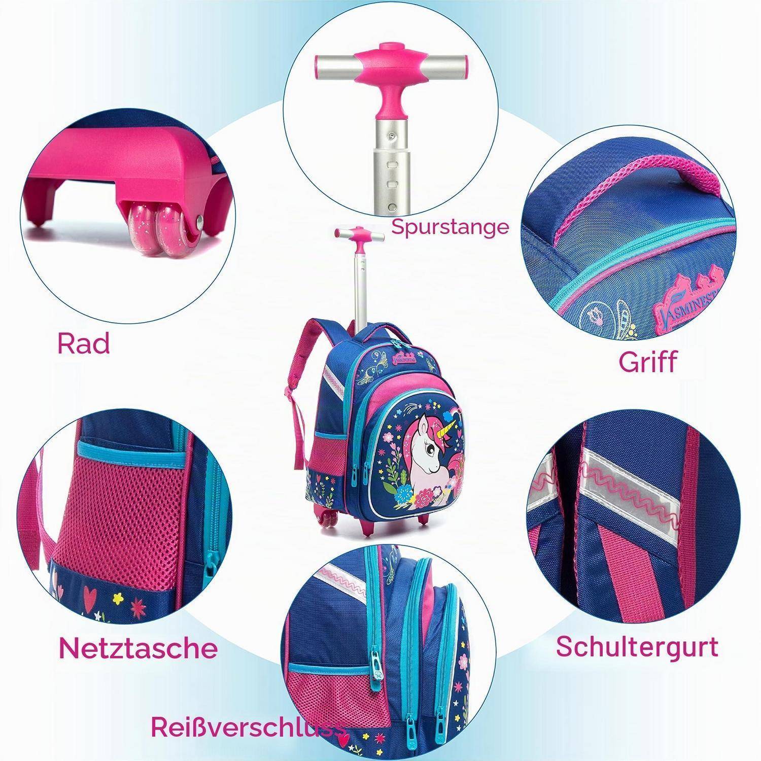 Schulranzen-Set Trolley mit 2 Rollen Kinder Mädchen Einhorn Blau